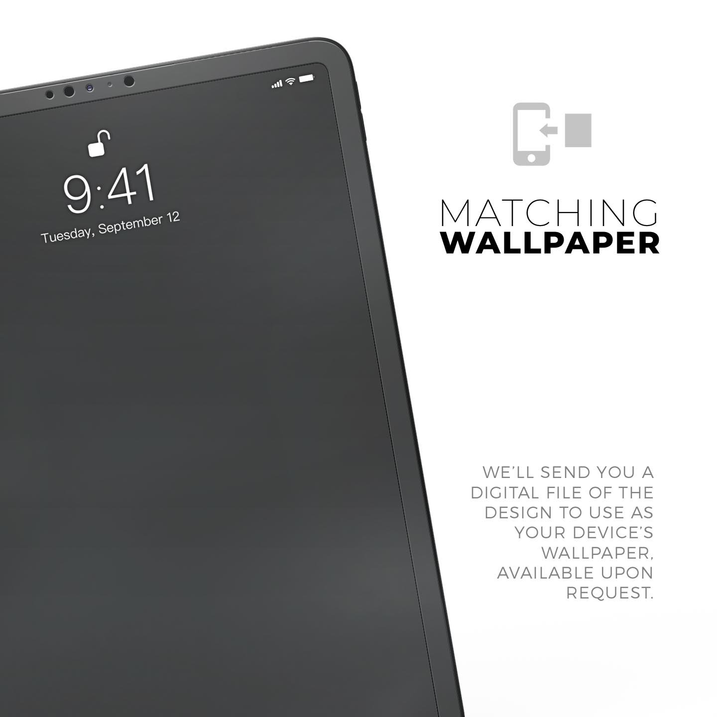 Solid Dark Gray Full Body Skin Decal for Apple iPad Pro 12.9", showcasing its sleek design and premium 3M material.