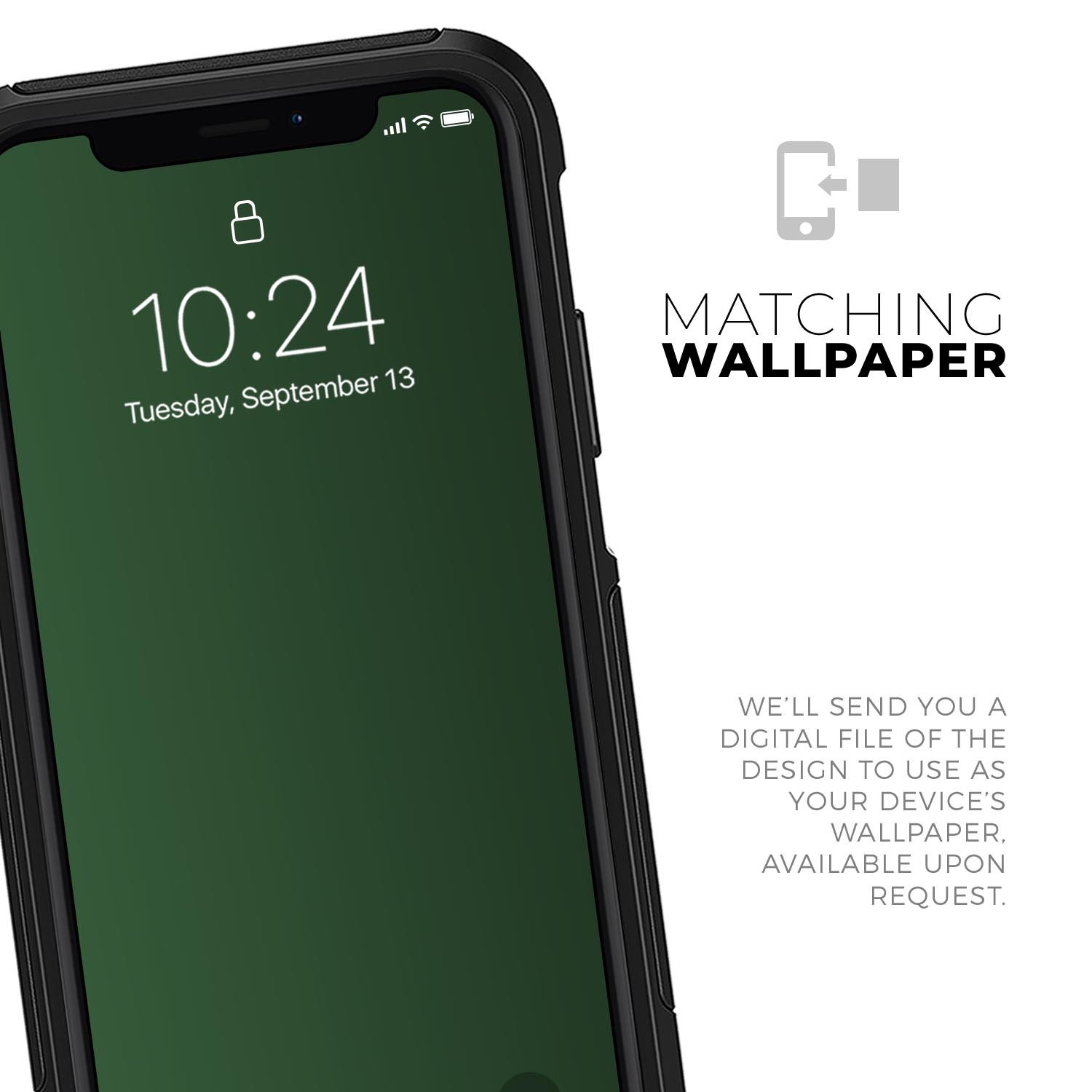 Solid Hunter Green Skin Kit for iPhone OtterBox Cases, showcasing its sleek design and premium quality materials.