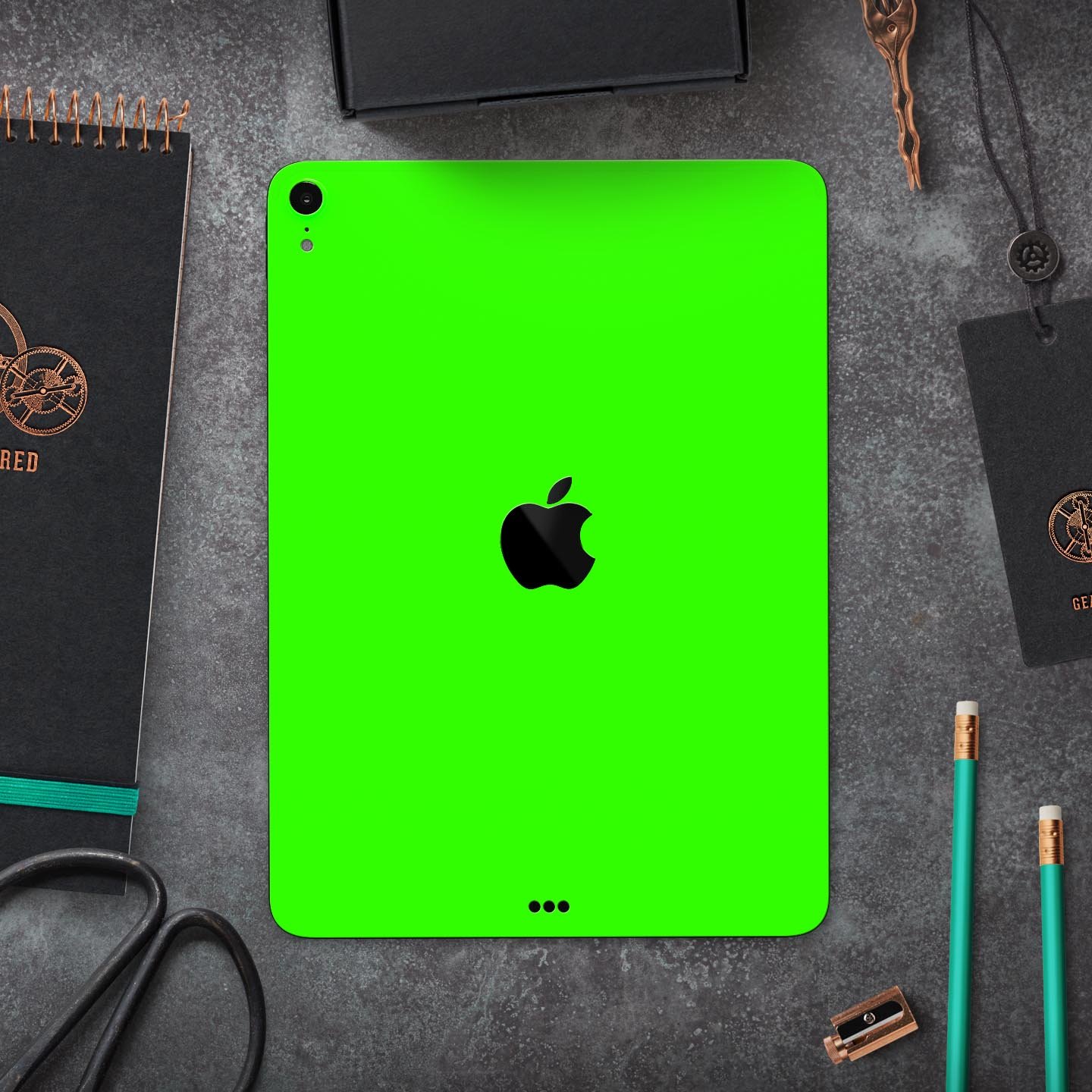 Solid Lime Green V2 skin decal for Apple iPad Pro, showcasing vibrant color and premium 3M material.