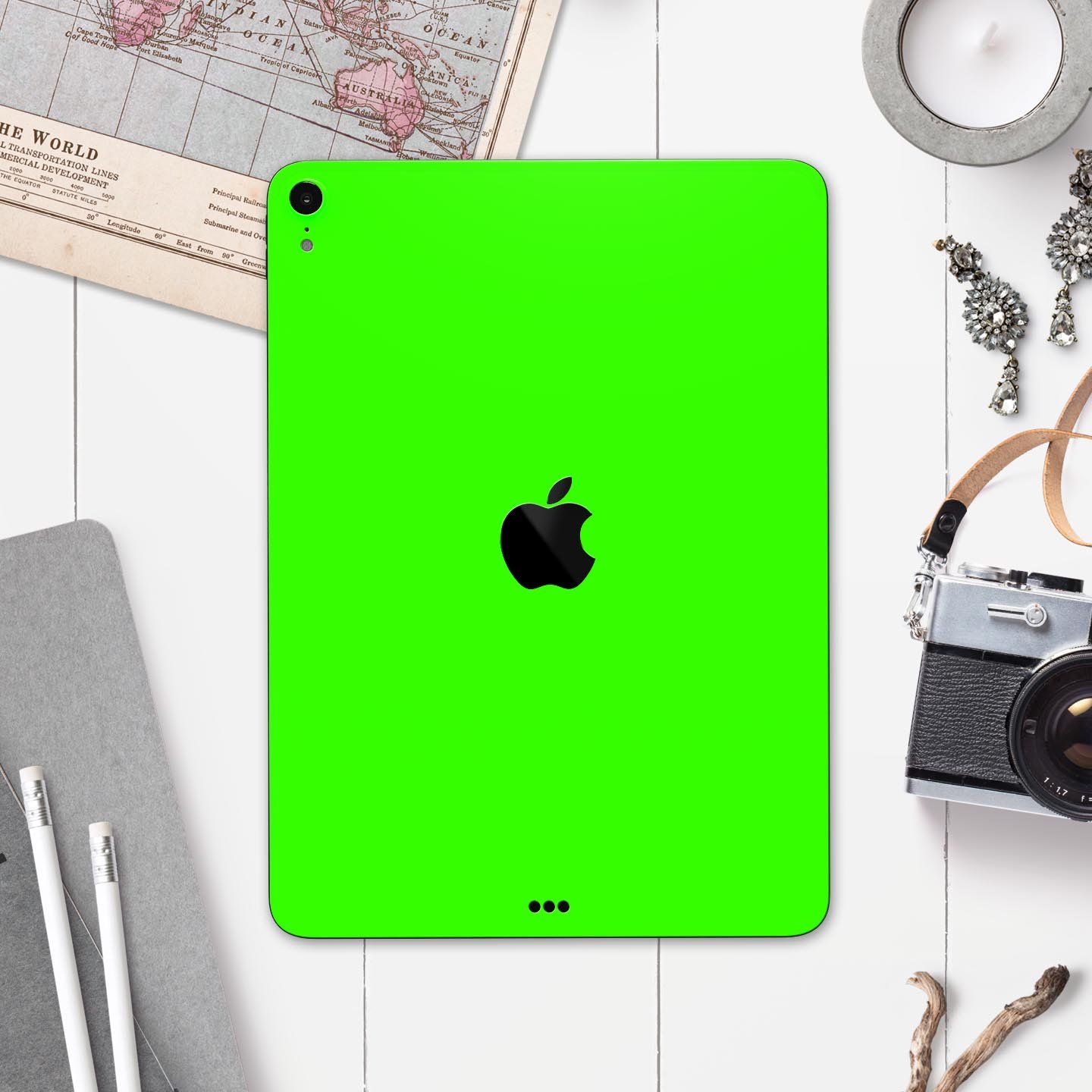 Solid Lime Green V2 skin decal for Apple iPad Pro, showcasing vibrant color and premium 3M material.