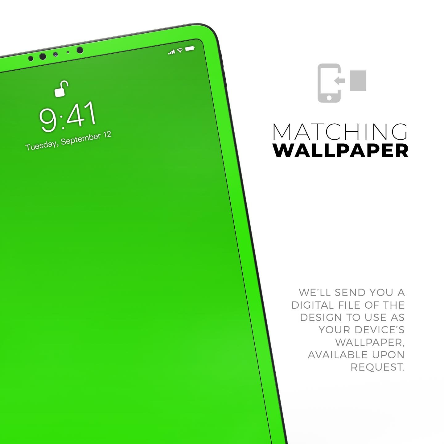 Solid Lime Green V2 skin decal for Apple iPad Pro, showcasing vibrant color and premium 3M material.