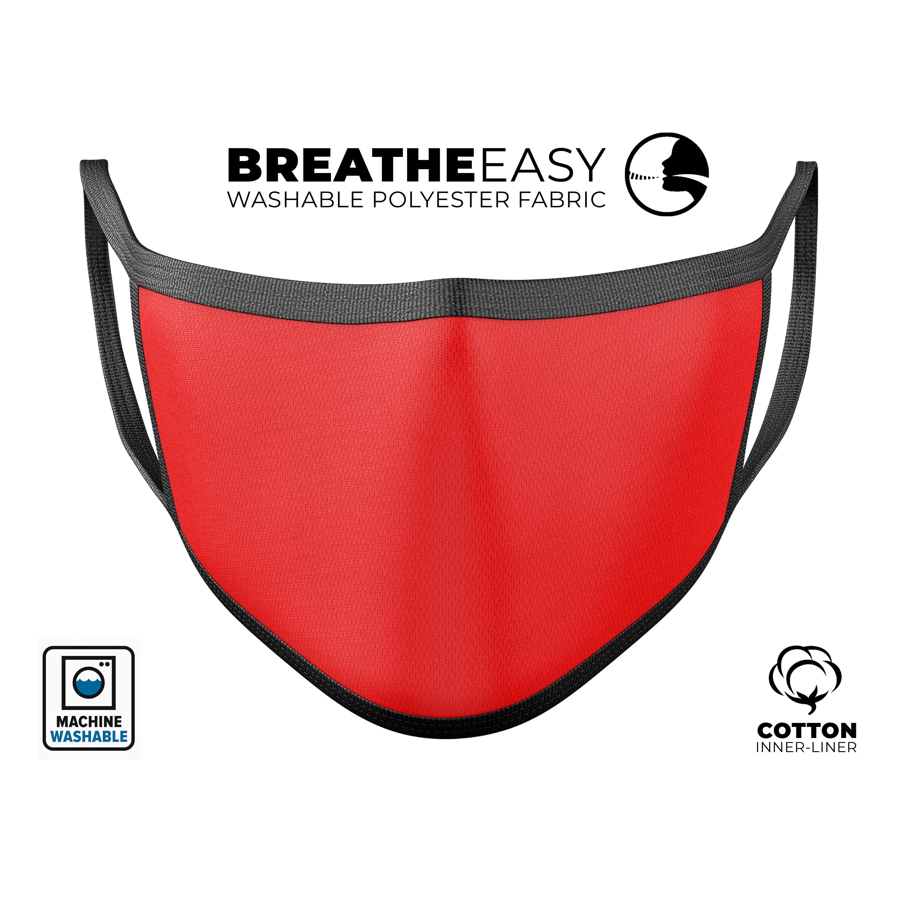 Solid Red Mouth Cover made in the USA, featuring adjustable ear-loops and a comfortable cotton blend for everyday use.