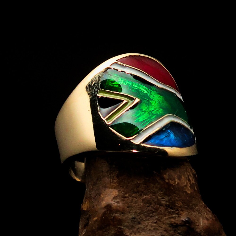 A stylish South African Flag Ring made of solid brass, featuring a vibrant flag design, perfect for pinky finger wear.