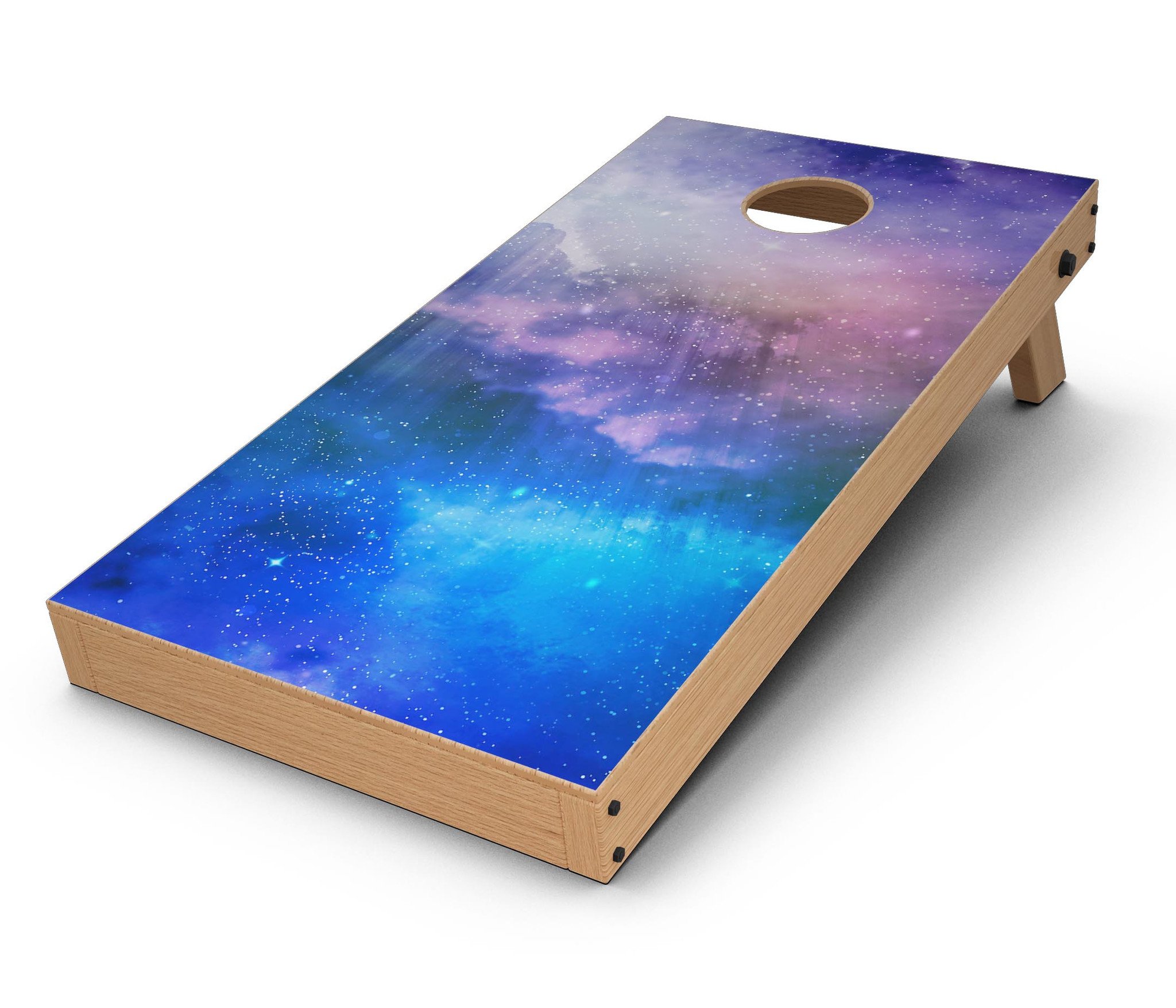 Space Light Rays CornHole Board Skin Decal Kit featuring vibrant colors and a stunning design for outdoor games.