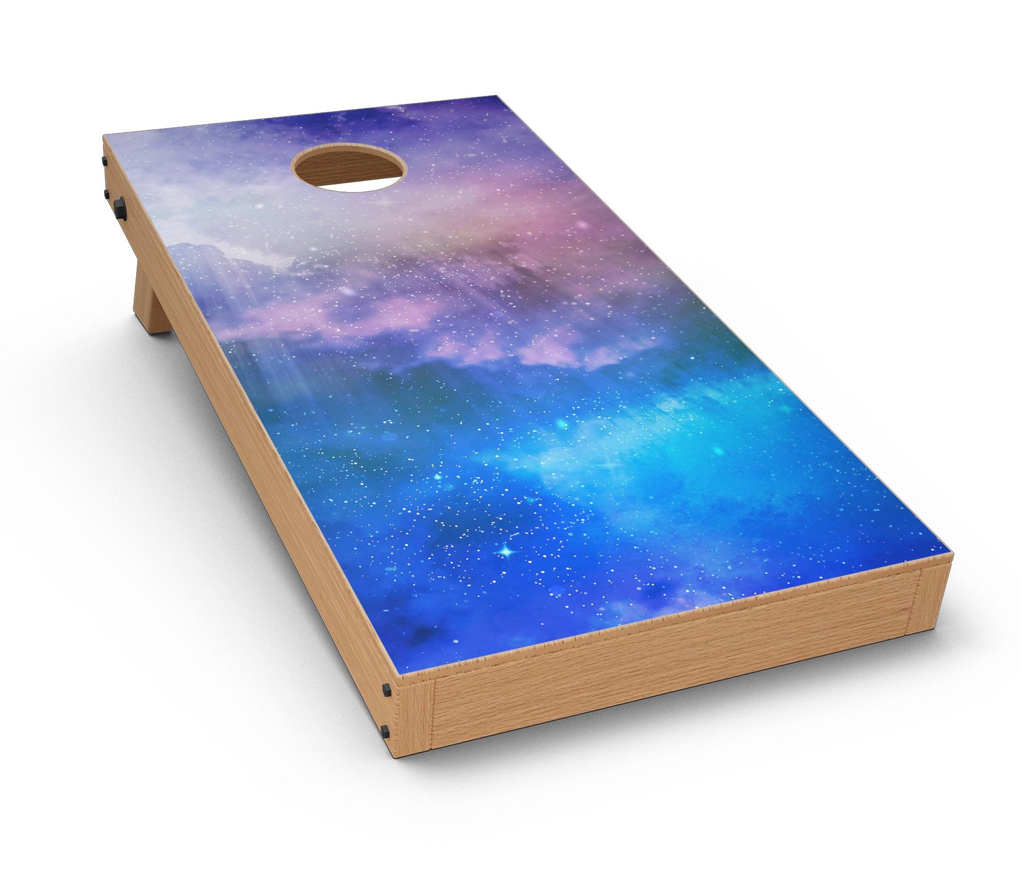 Space Light Rays CornHole Board Skin Decal Kit featuring vibrant colors and a stunning design for outdoor games.