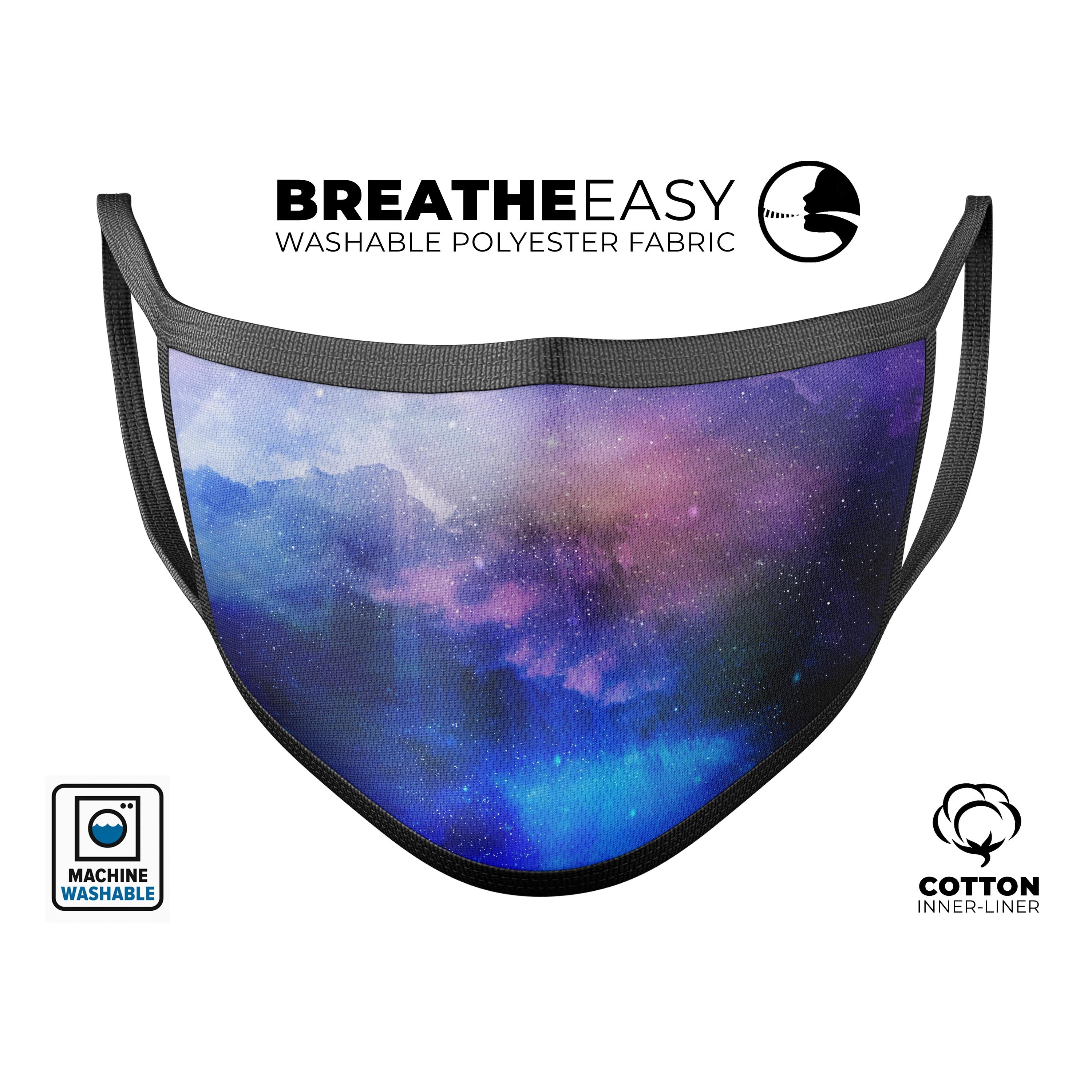 Space Light Rays mouth cover, a unisex anti-dust cotton mask featuring vibrant dye-sublimated design, adjustable ear-loops for a perfect fit.