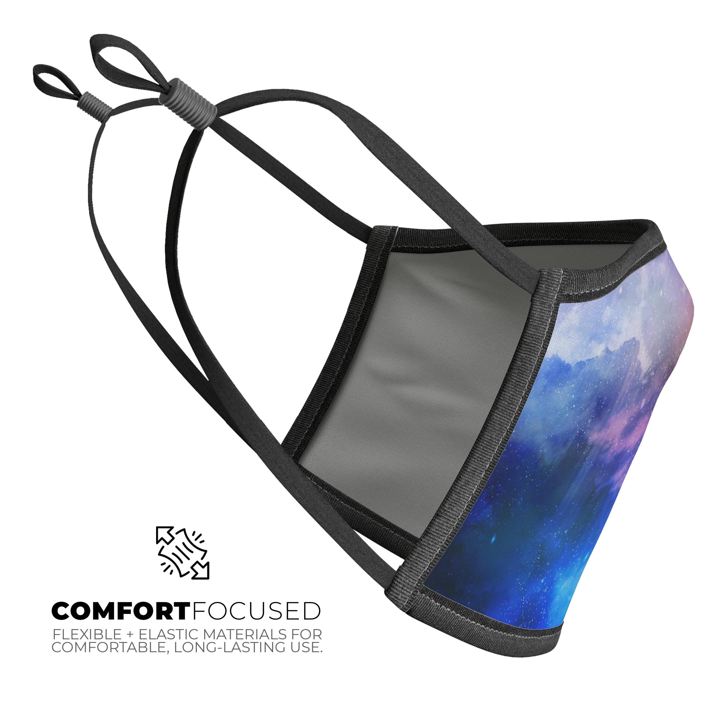 Space Light Rays mouth cover, a unisex anti-dust cotton mask featuring vibrant dye-sublimated design, adjustable ear-loops for a perfect fit.