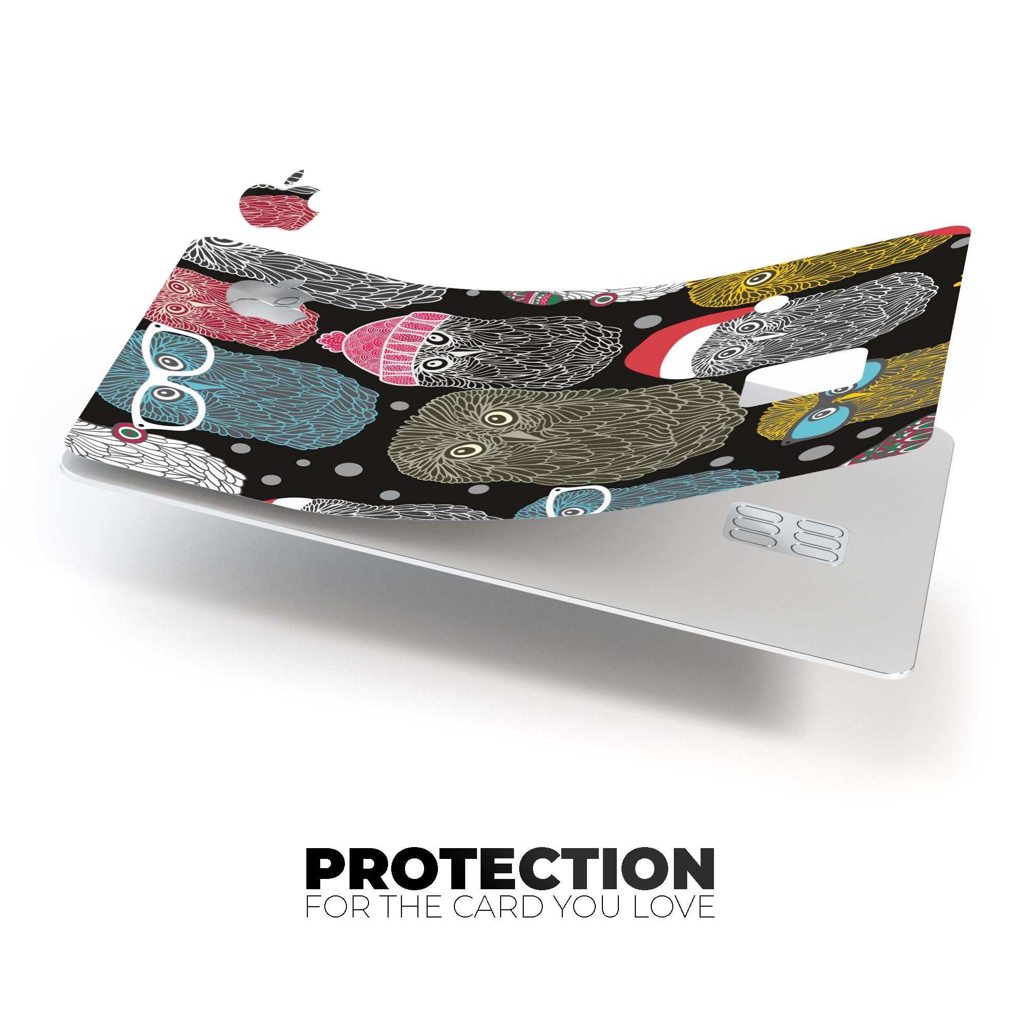 Spaced Out Owls premium protective decal skin-kit for Apple Card, showcasing vibrant owl design on a sleek surface.