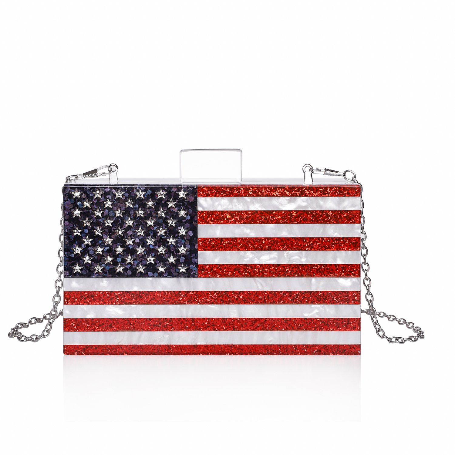 Sparkling American Flag Pearl White Clutch Purse featuring a vibrant flag design and elegant acrylic finish.