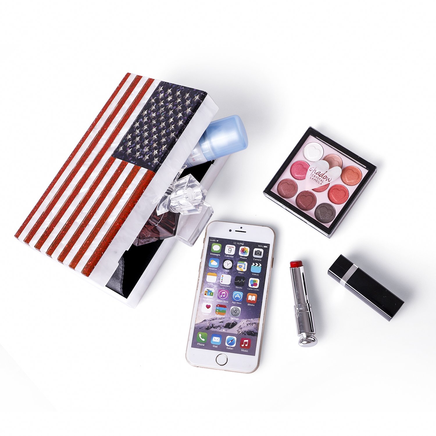 Sparkling American Flag Pearl White Clutch Purse featuring a vibrant flag design and elegant acrylic finish.