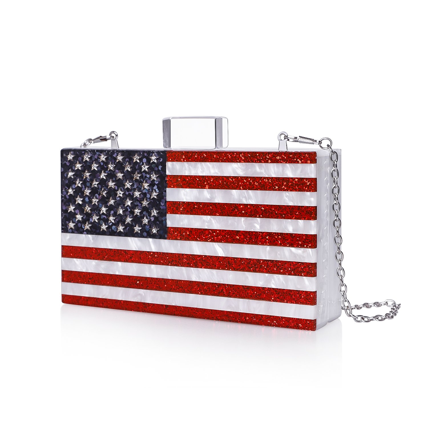 Sparkling American Flag Pearl White Clutch Purse featuring a vibrant flag design and elegant acrylic finish.