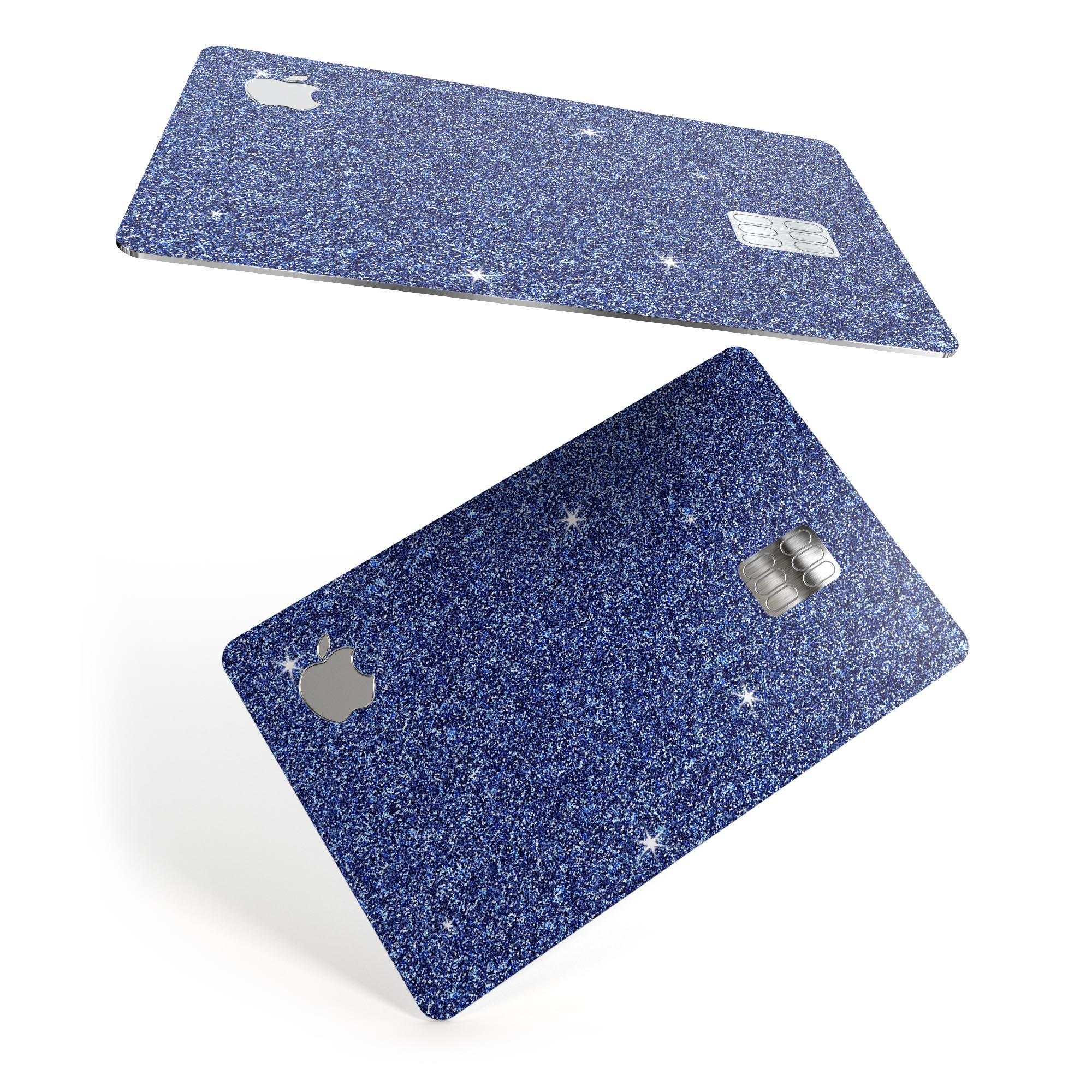 Sparkling Blue Ultra Metallic Glitter decal applied on an Apple Card, showcasing its vibrant color and glossy finish.