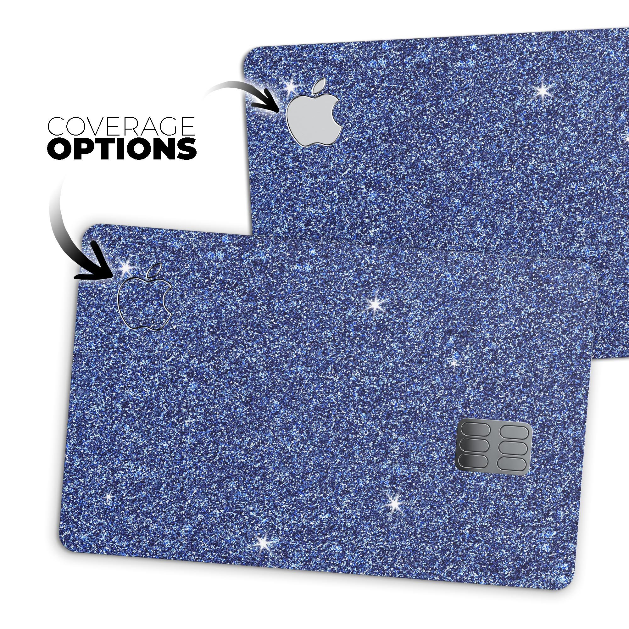 Sparkling Blue Ultra Metallic Glitter decal applied on an Apple Card, showcasing its vibrant color and glossy finish.