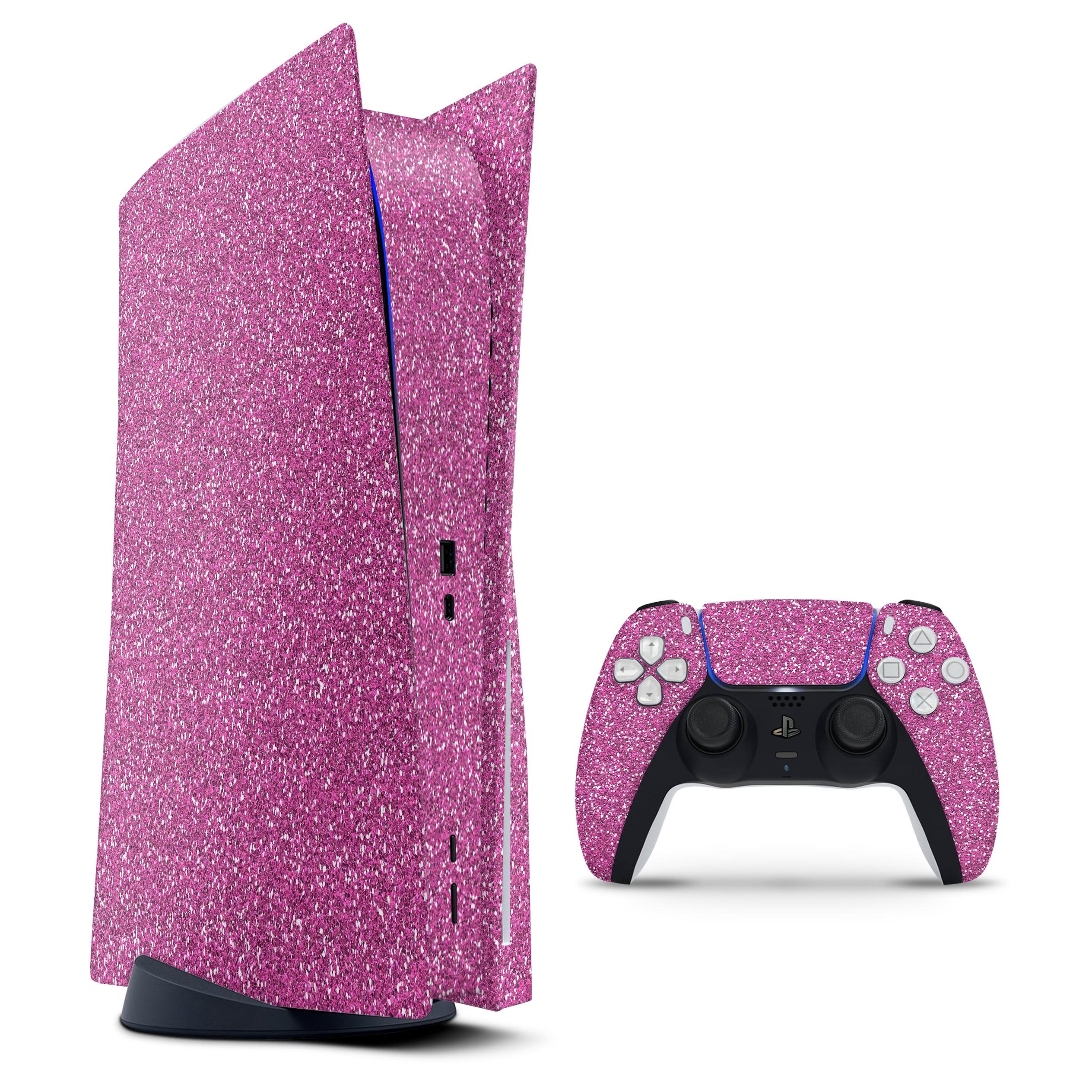 Sparkling Pink Ultra Metallic Glitter skin decal wrap kit for Sony Playstation 5, showcasing a vibrant metallic finish and precise fit.