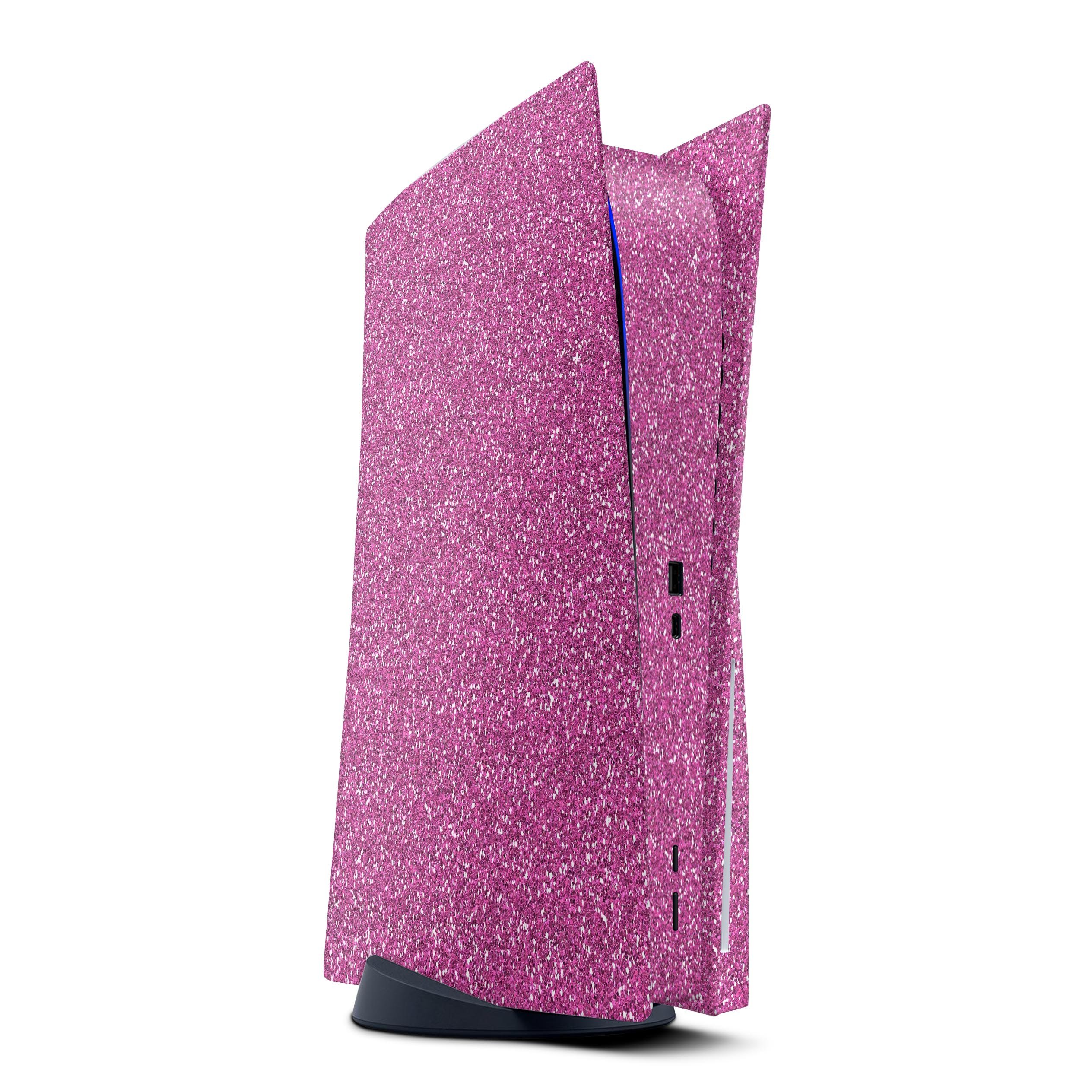 Sparkling Pink Ultra Metallic Glitter skin decal wrap kit for Sony Playstation 5, showcasing a vibrant metallic finish and precise fit.