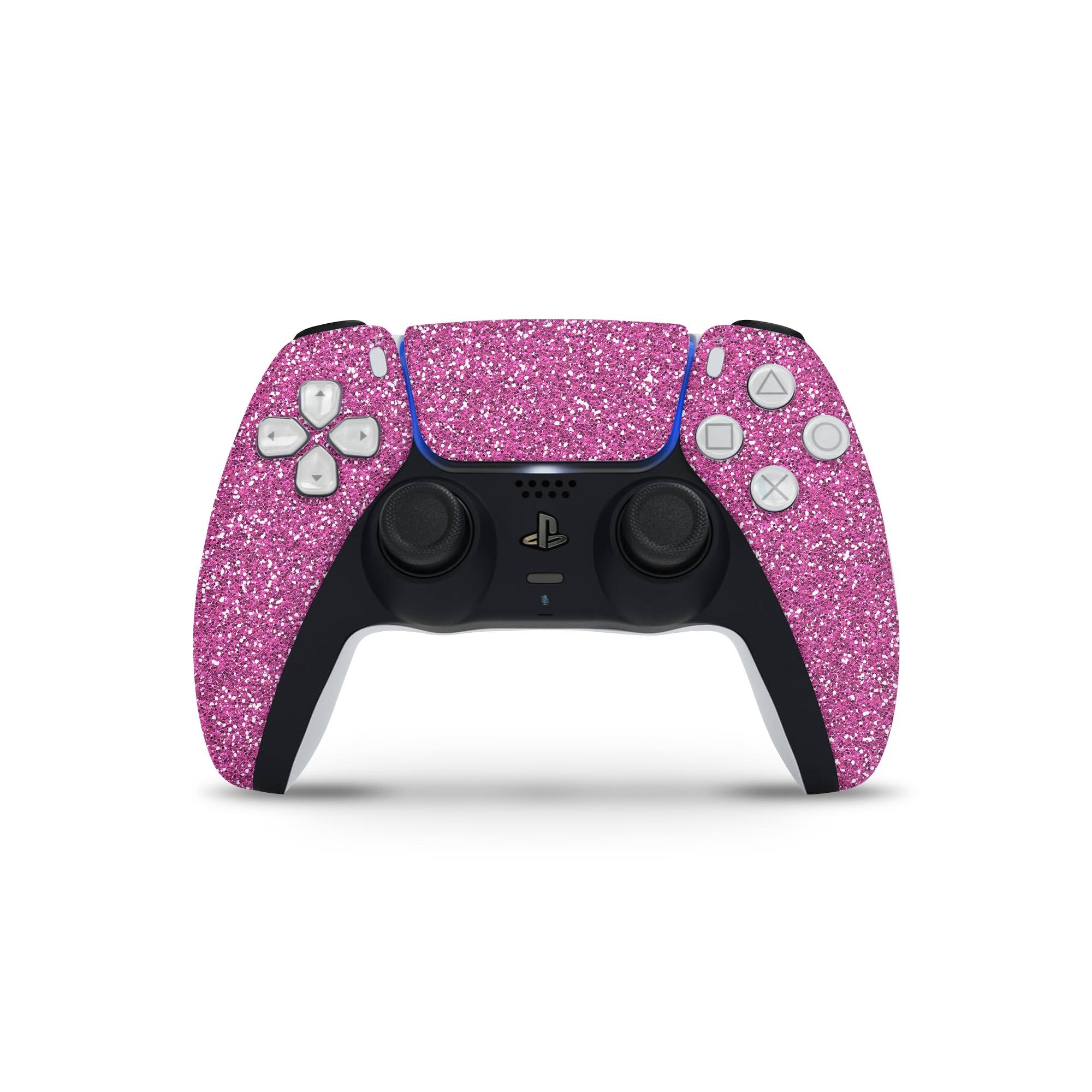 Sparkling Pink Ultra Metallic Glitter skin decal wrap kit for Sony Playstation 5, showcasing a vibrant metallic finish and precise fit.