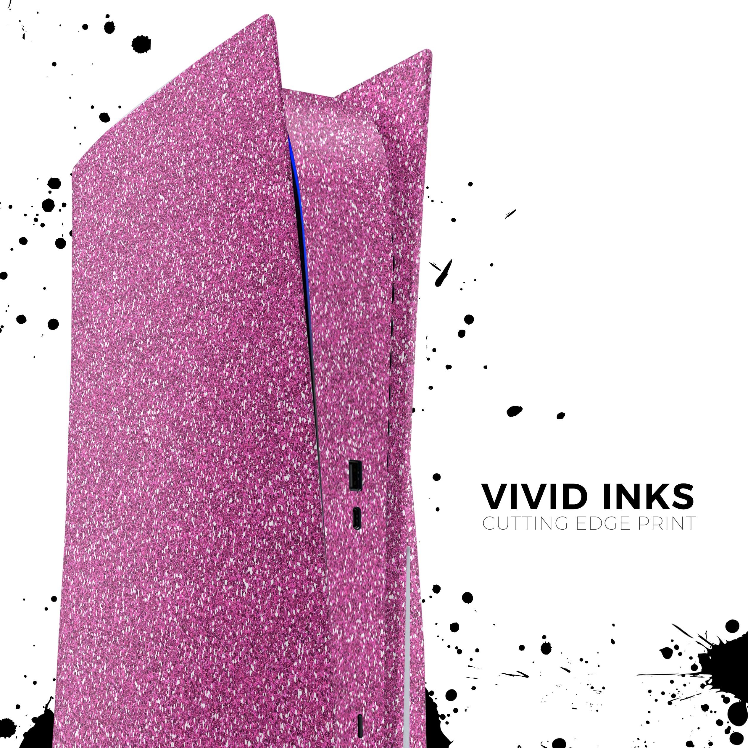 Sparkling Pink Ultra Metallic Glitter skin decal wrap kit for Sony Playstation 5, showcasing a vibrant metallic finish and precise fit.