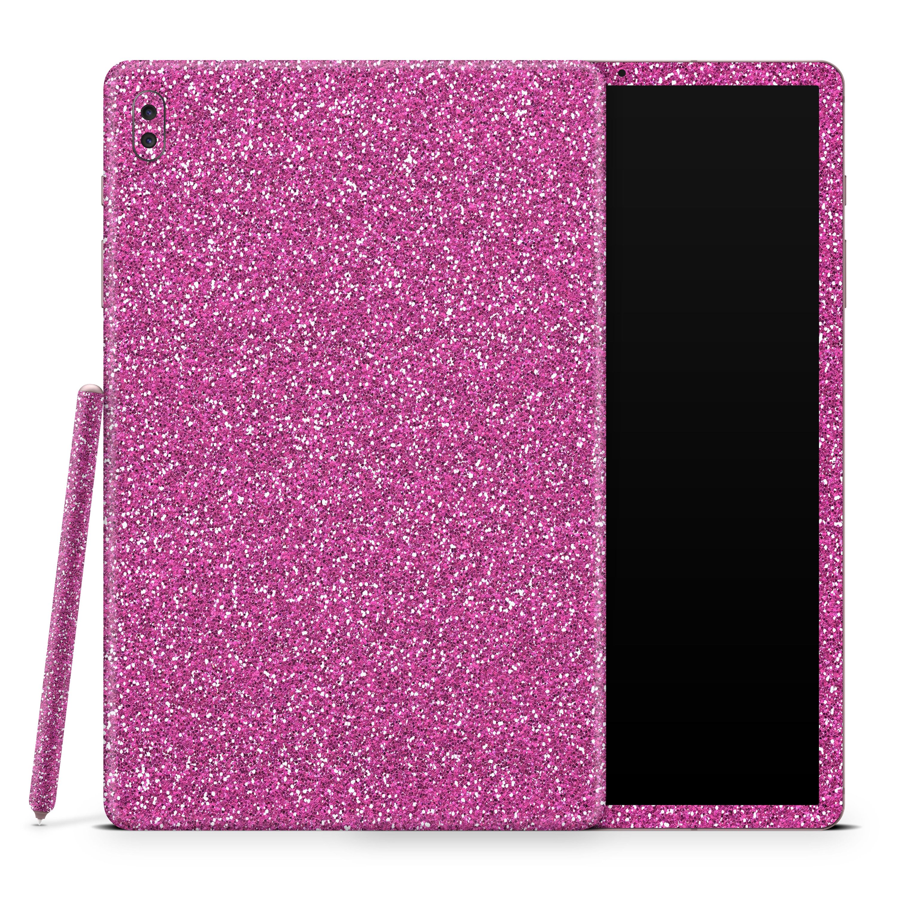 Sparkling Pink Ultra Metallic Glitter skin decal wrap kit for Samsung Galaxy tablet, showcasing a vibrant glitter finish and soft-touch matte texture.