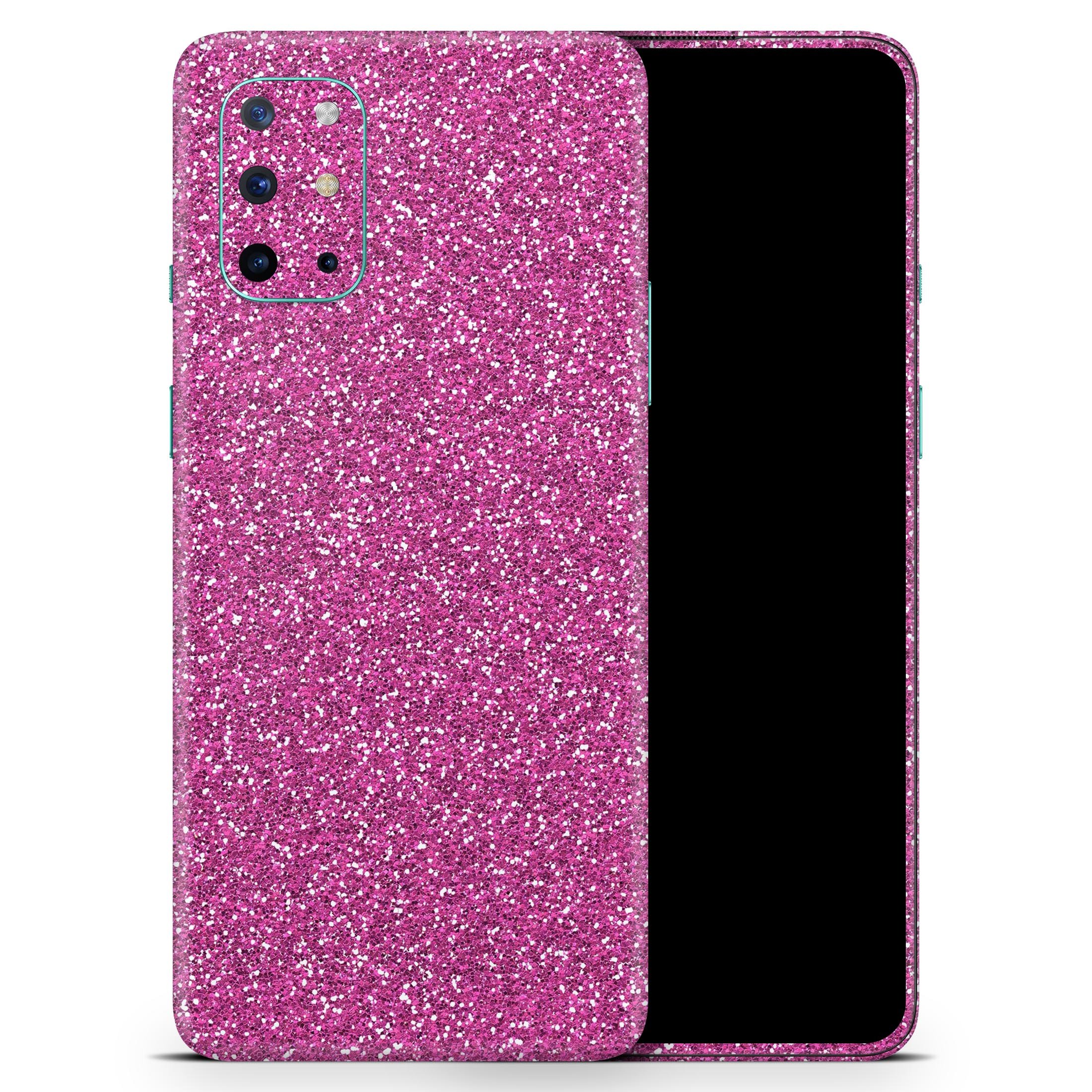 Sparkling Pink Ultra Metallic Glitter skin decal wrap kit for OnePlus phones, showcasing a vibrant metallic finish and precise cut-outs.