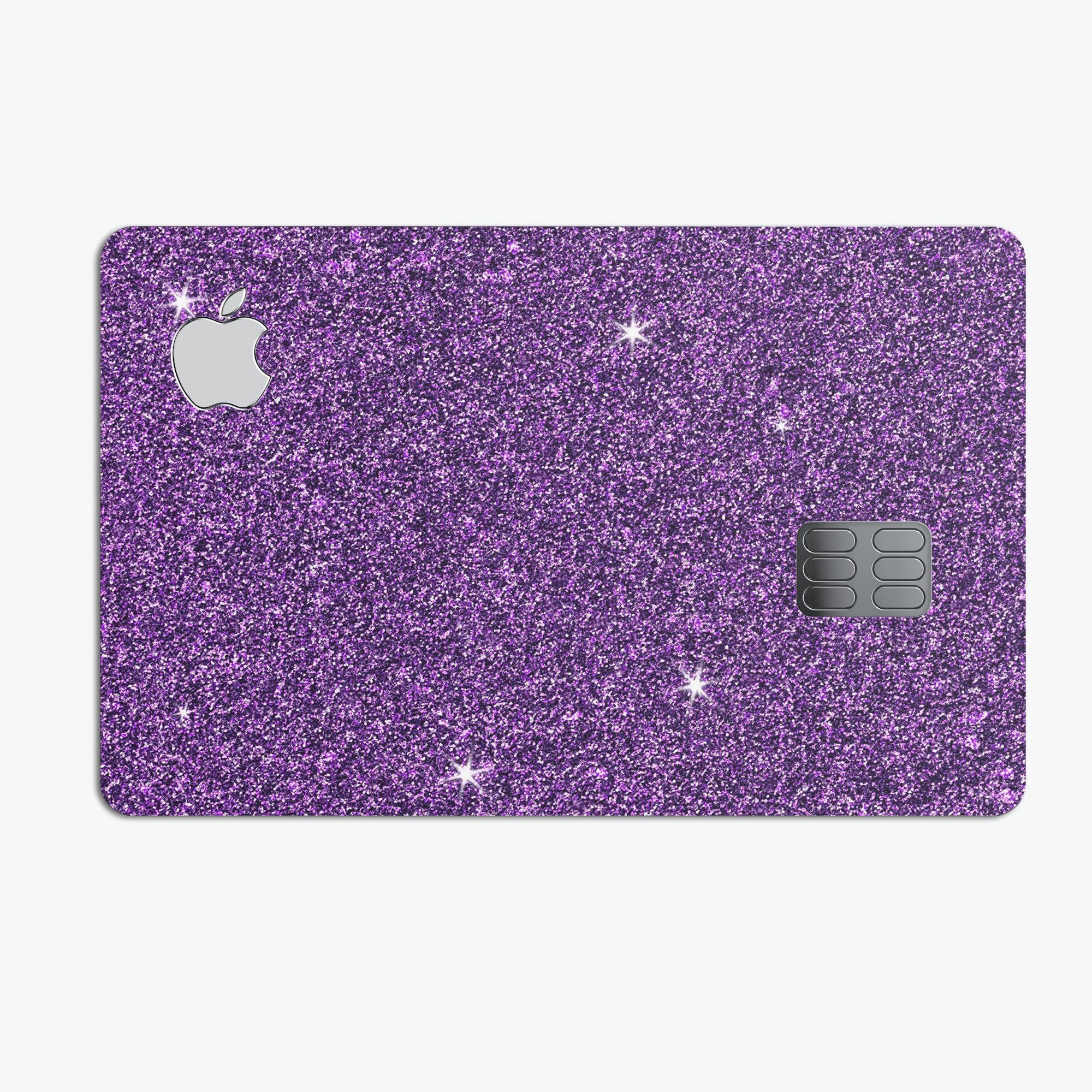 Sparkling Purple Ultra Metallic Glitter decal on an Apple Card, showcasing its vibrant color and protective features.