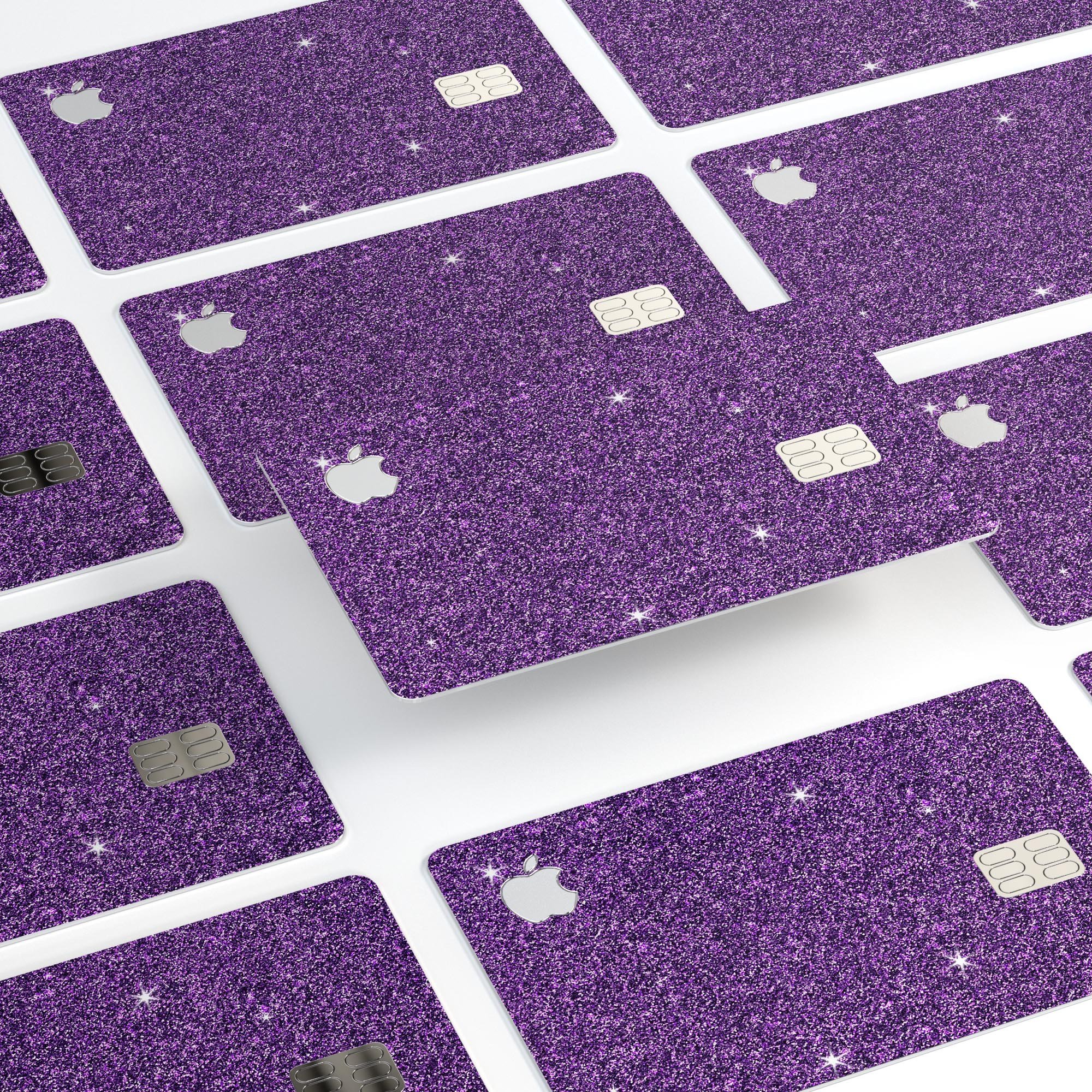 Sparkling Purple Ultra Metallic Glitter decal on an Apple Card, showcasing its vibrant color and protective features.