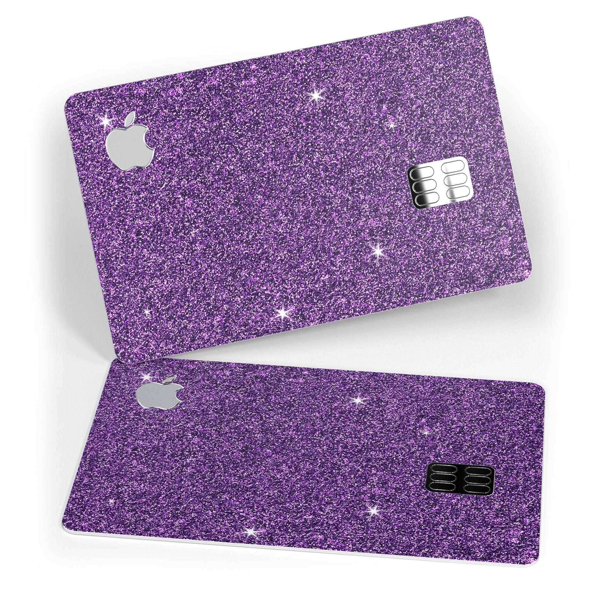 Sparkling Purple Ultra Metallic Glitter decal on an Apple Card, showcasing its vibrant color and protective features.