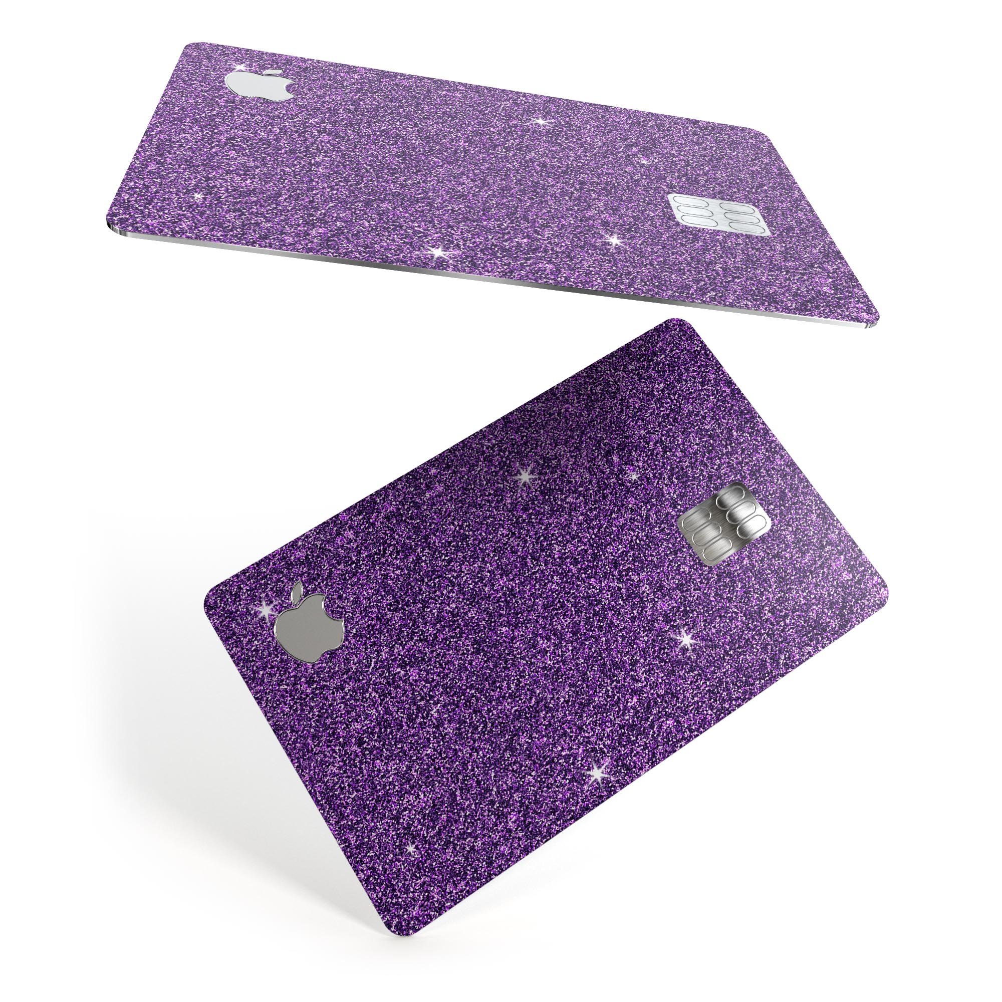 Sparkling Purple Ultra Metallic Glitter decal on an Apple Card, showcasing its vibrant color and protective features.