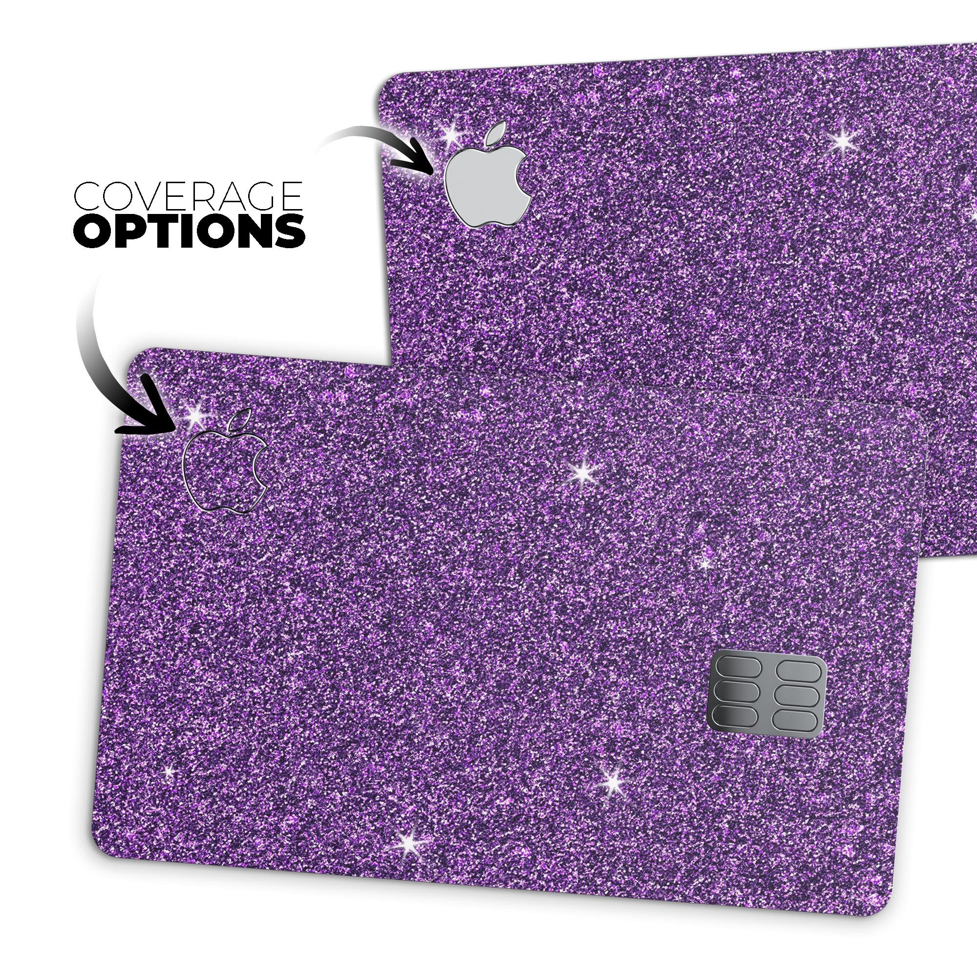 Sparkling Purple Ultra Metallic Glitter decal on an Apple Card, showcasing its vibrant color and protective features.