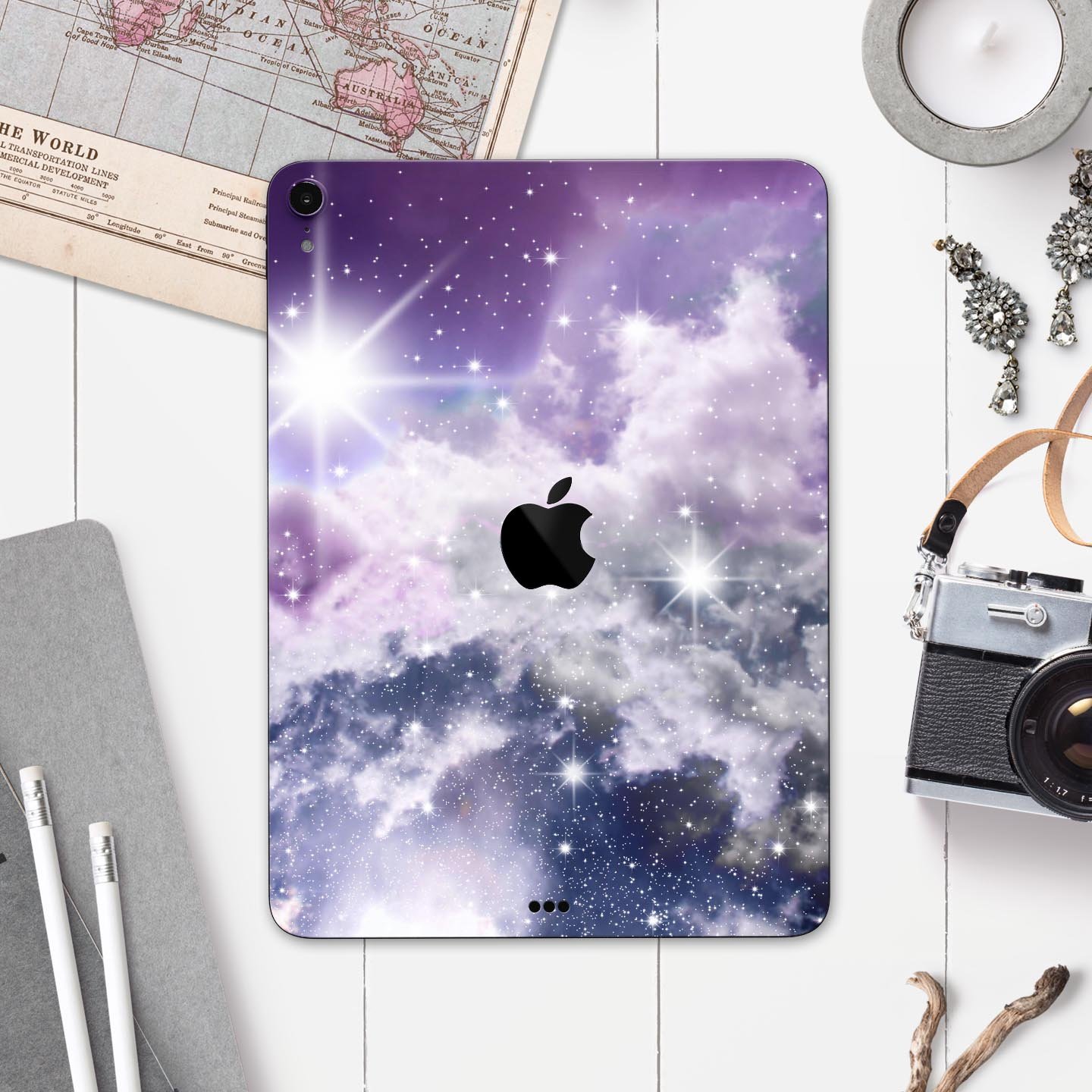 Sparkly Space Full Body Skin Decal for Apple iPad Pro 12.9", showcasing its vibrant design and premium finish.