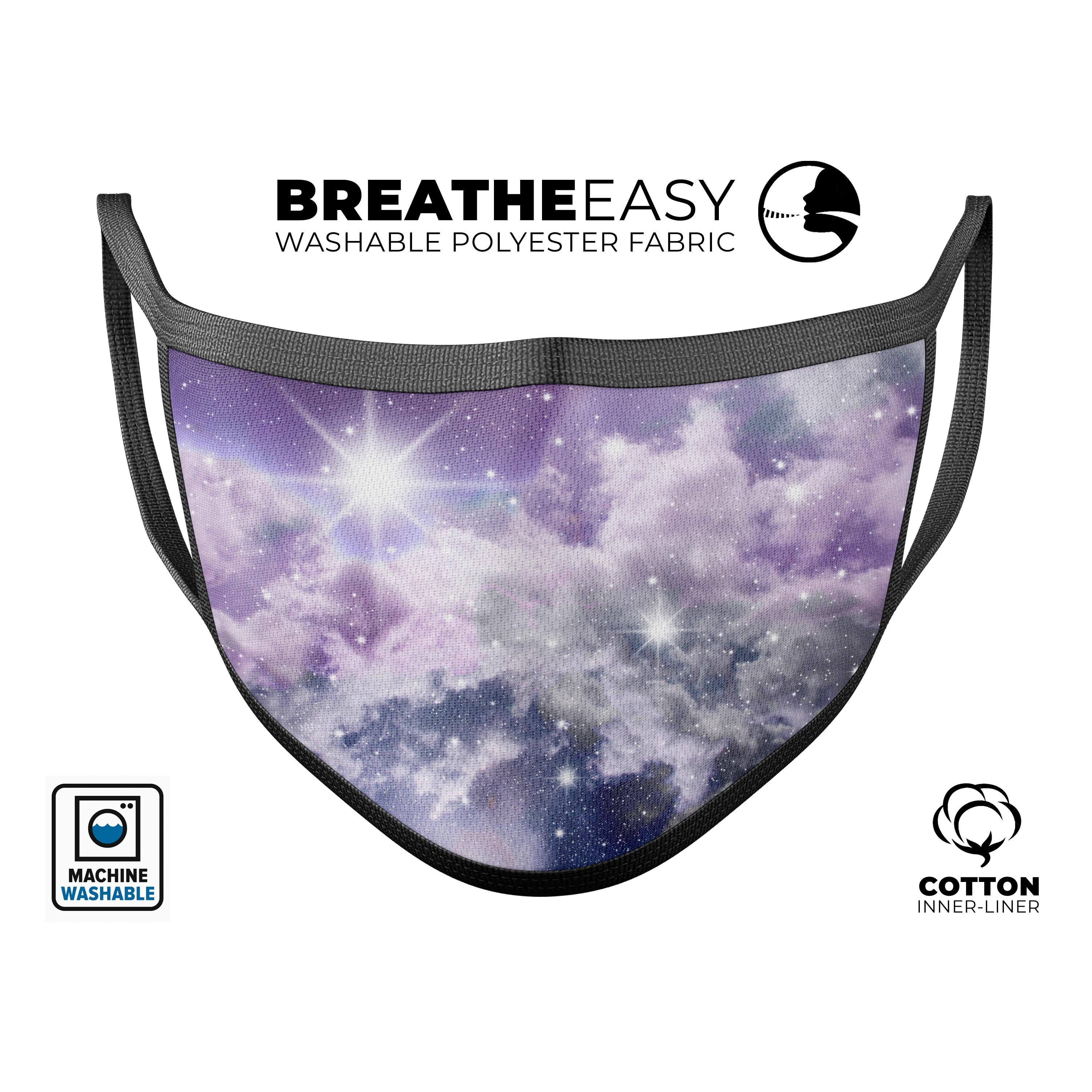 Sparkly Space mouth cover, a unisex anti-dust mask made in the USA, featuring vibrant dye-sublimated designs and adjustable ear loops.