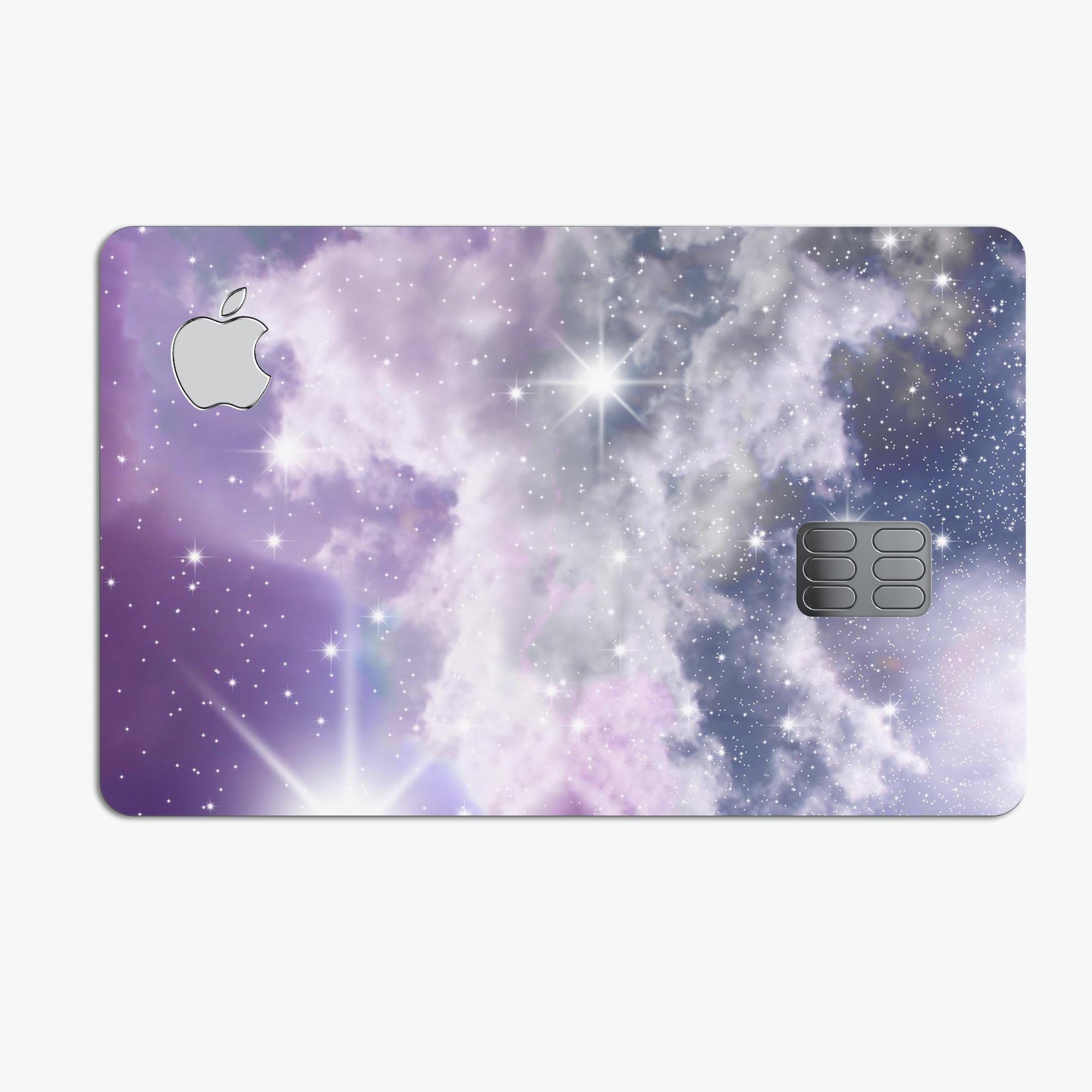 Sparkly Space Premium Protective Decal Skin-Kit for Apple Card, showcasing its vibrant design and high-quality finish.