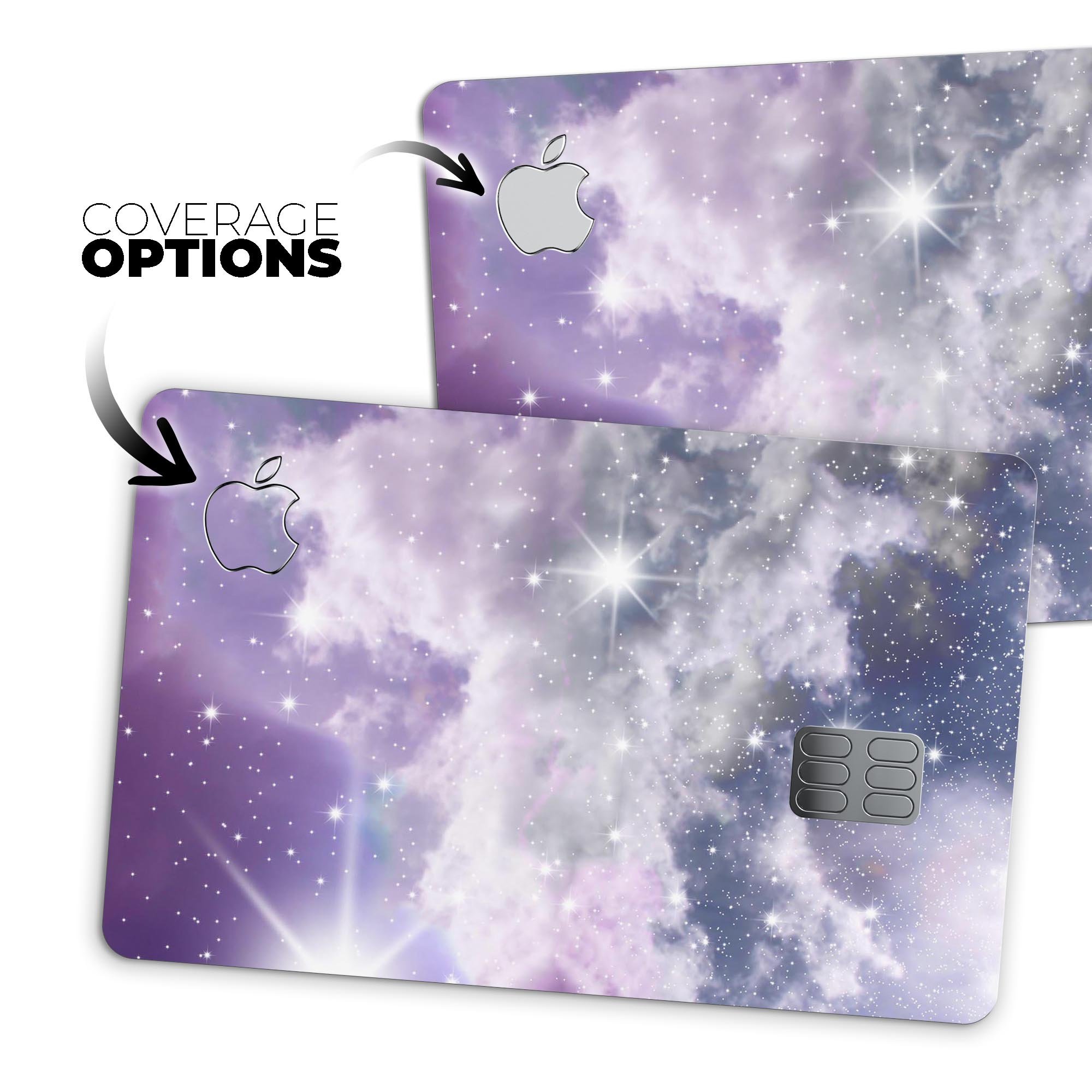 Sparkly Space Premium Protective Decal Skin-Kit for Apple Card, showcasing its vibrant design and high-quality finish.