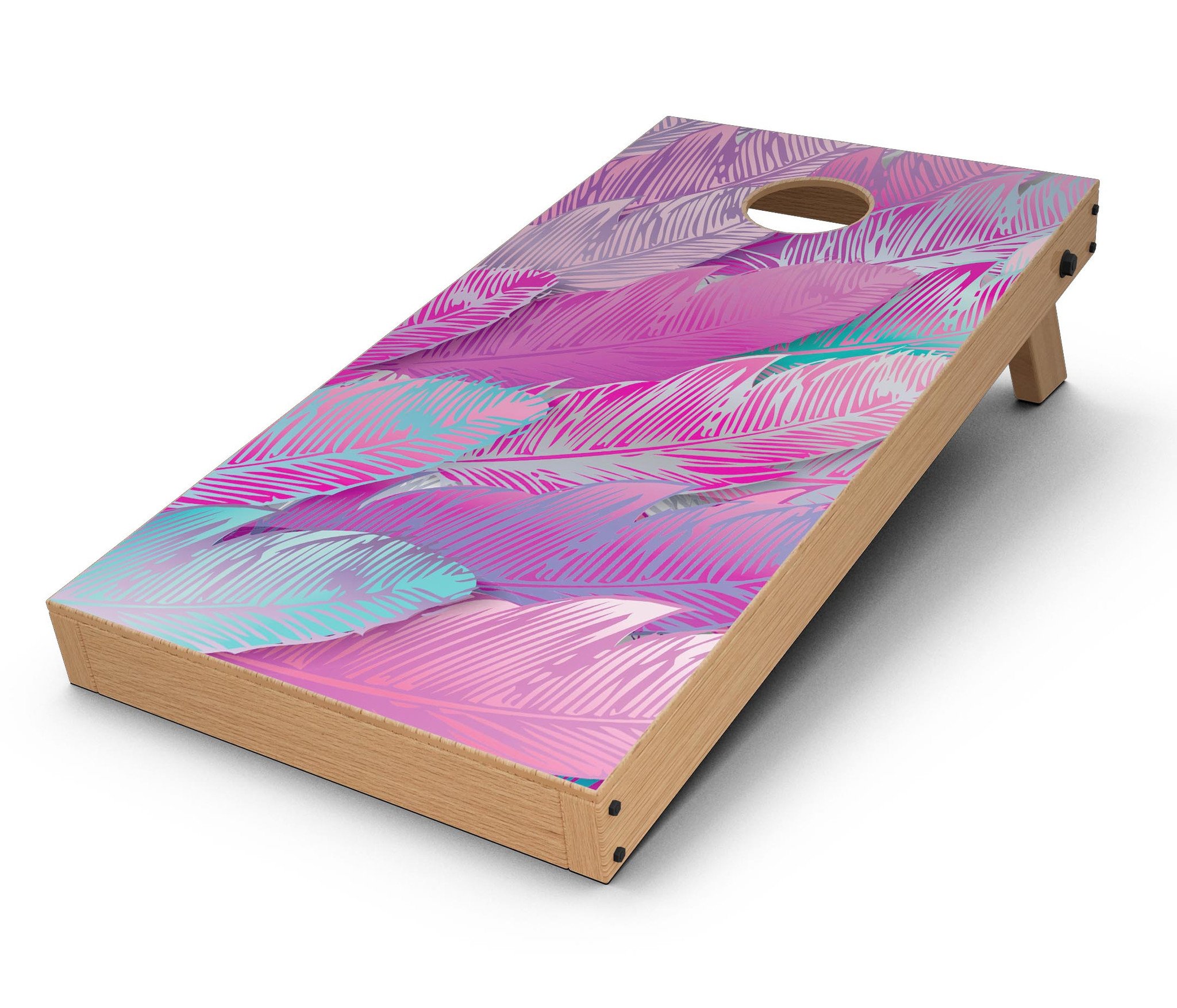 Spectral Vector Feathers CornHole Board Skin Decal Kit showcasing vibrant feather design on a Cornhole board.