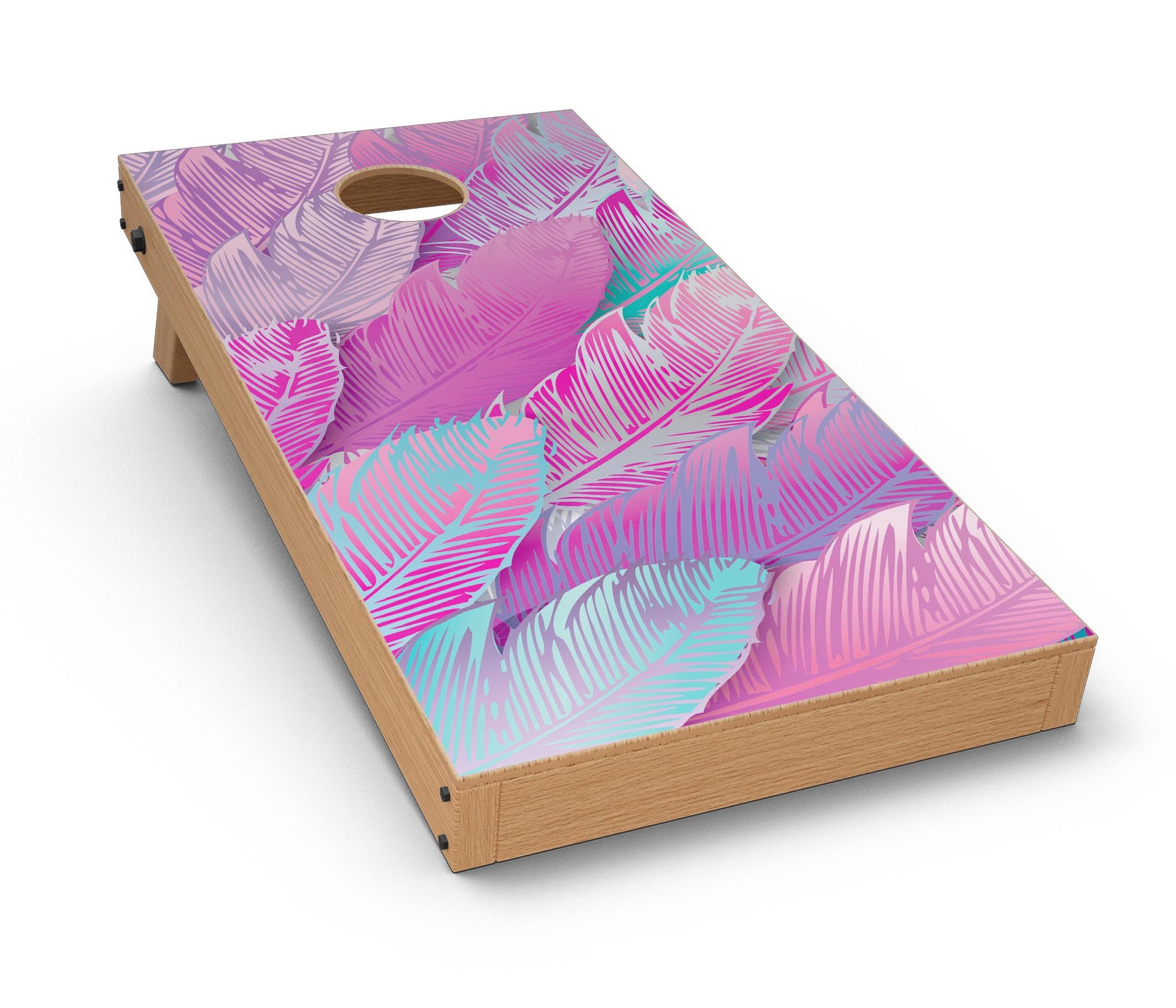 Spectral Vector Feathers CornHole Board Skin Decal Kit showcasing vibrant feather design on a Cornhole board.