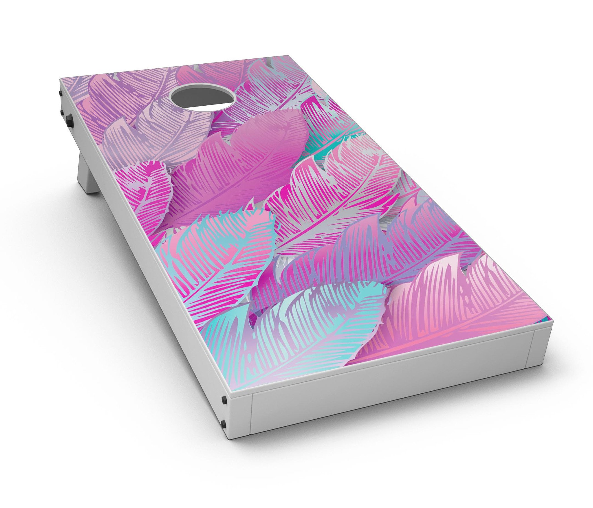 Spectral Vector Feathers CornHole Board Skin Decal Kit showcasing vibrant feather design on a Cornhole board.