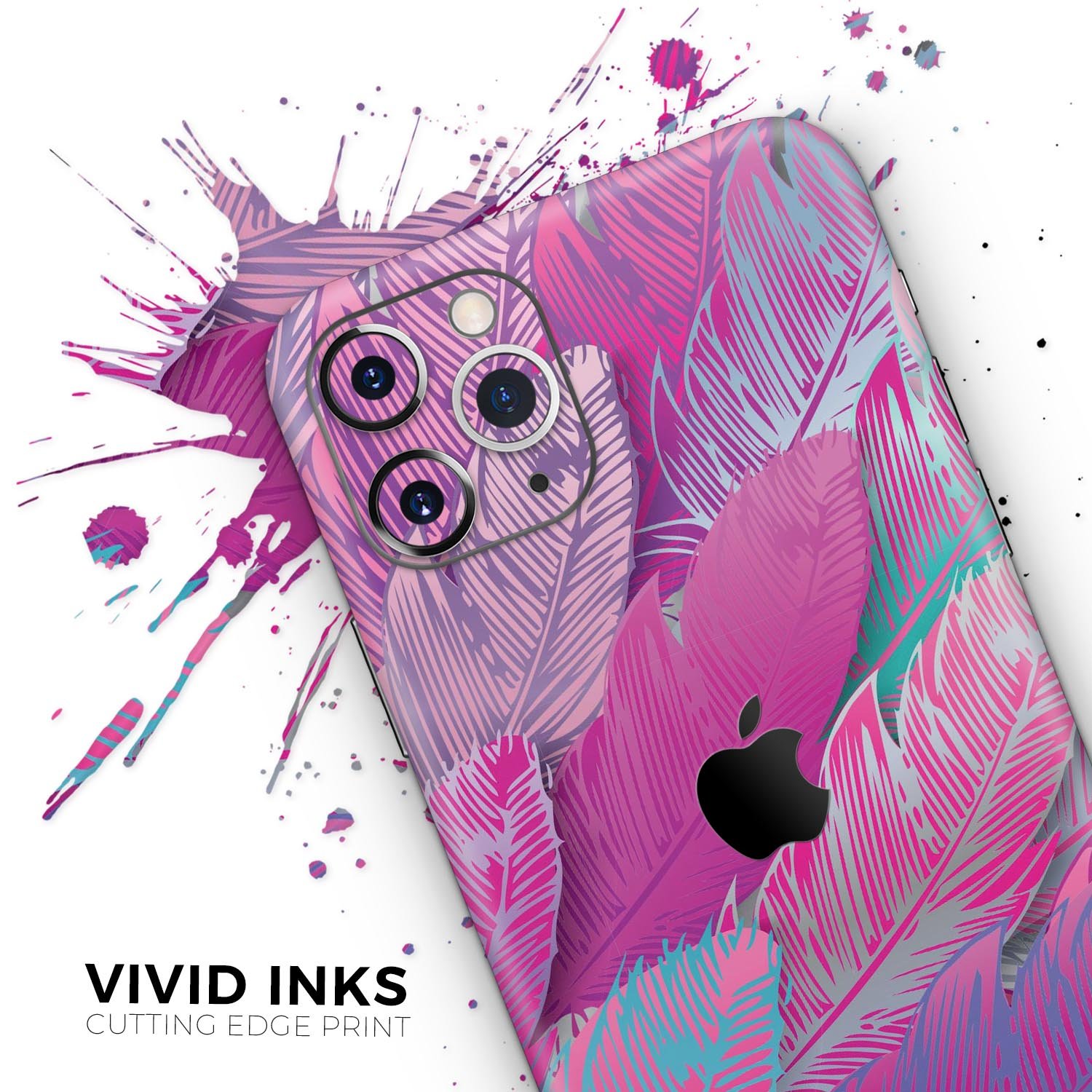 Spectral Vector Feathers skin applied to an Apple iPhone, showcasing its vibrant design and smooth finish.