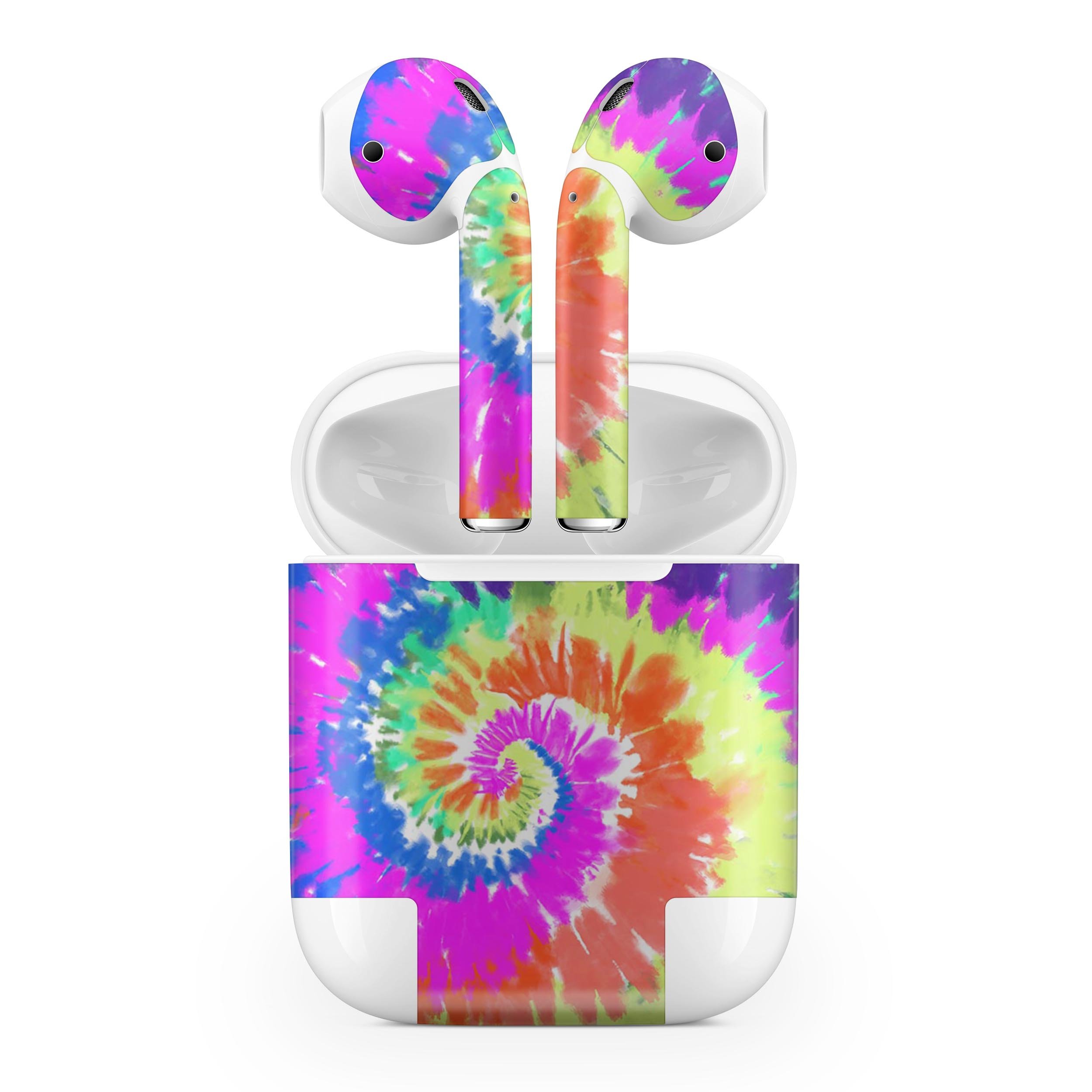 Spiral Tie Dye V1 skin decal wrap kit for Apple AirPods, showcasing vibrant colors and unique design.