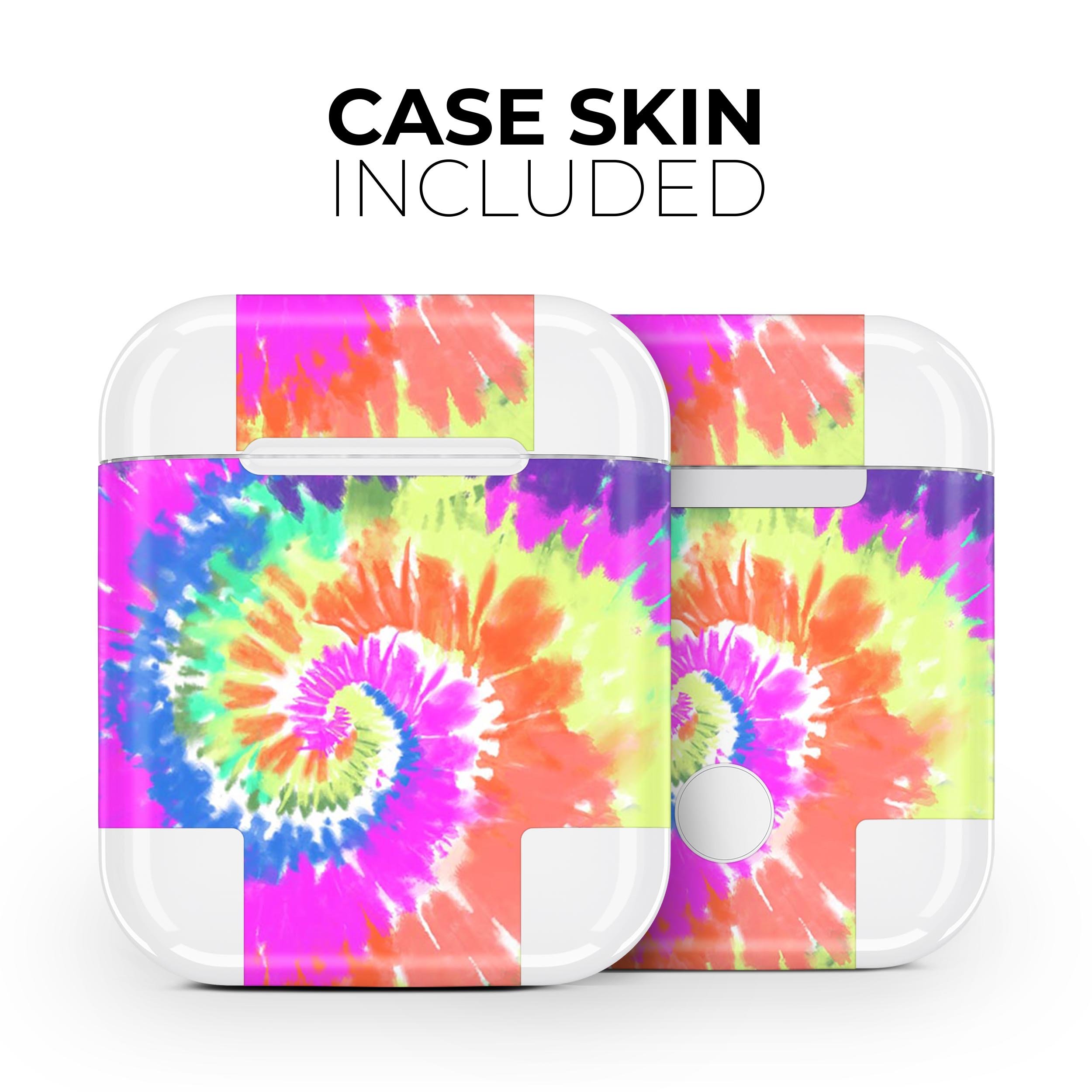 Spiral Tie Dye V1 skin decal wrap kit for Apple AirPods, showcasing vibrant colors and unique design.