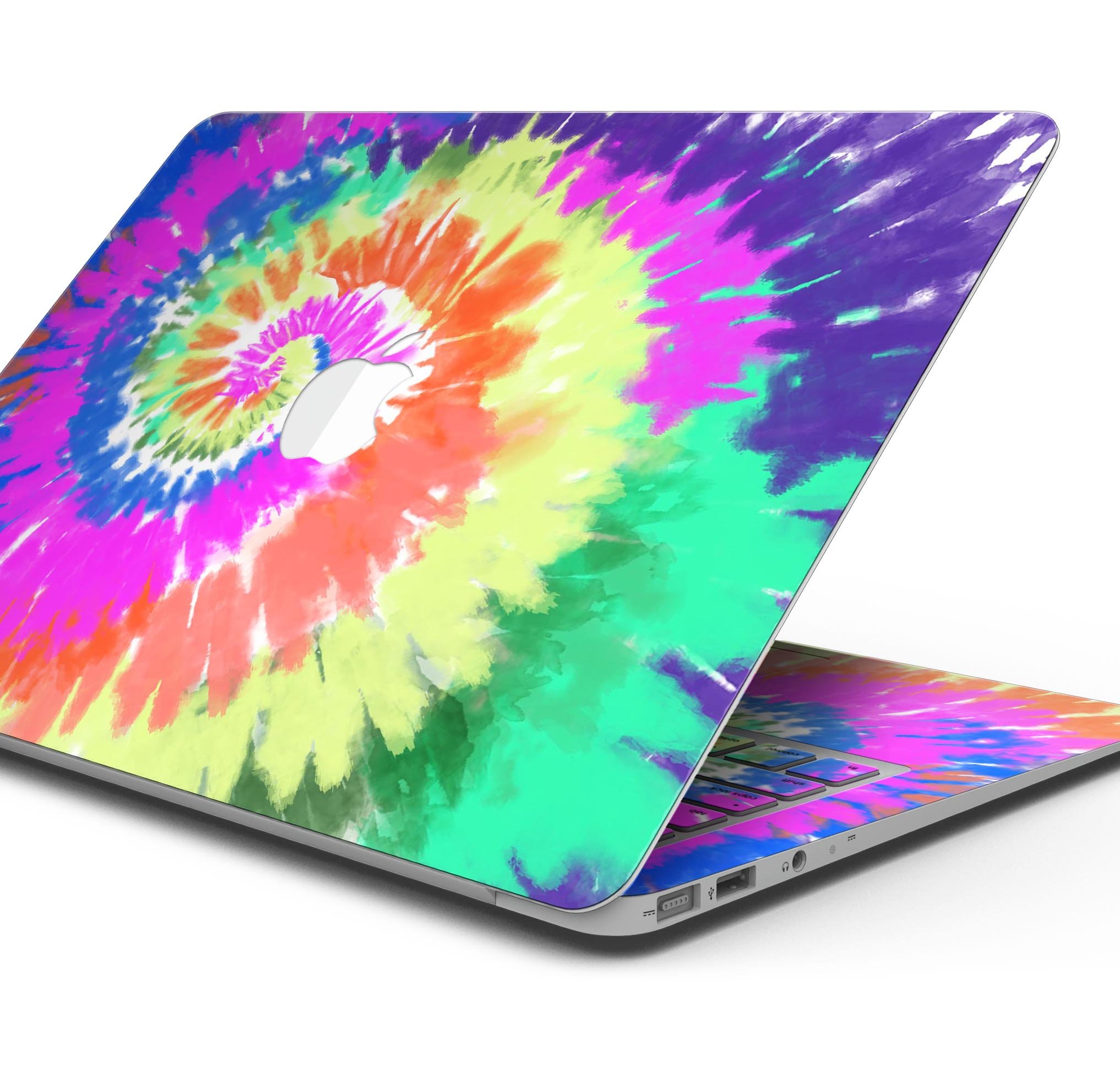 Spiral Tie Dye V1 skin decal wrap kit for Apple MacBook, showcasing vibrant colors and a sleek design.