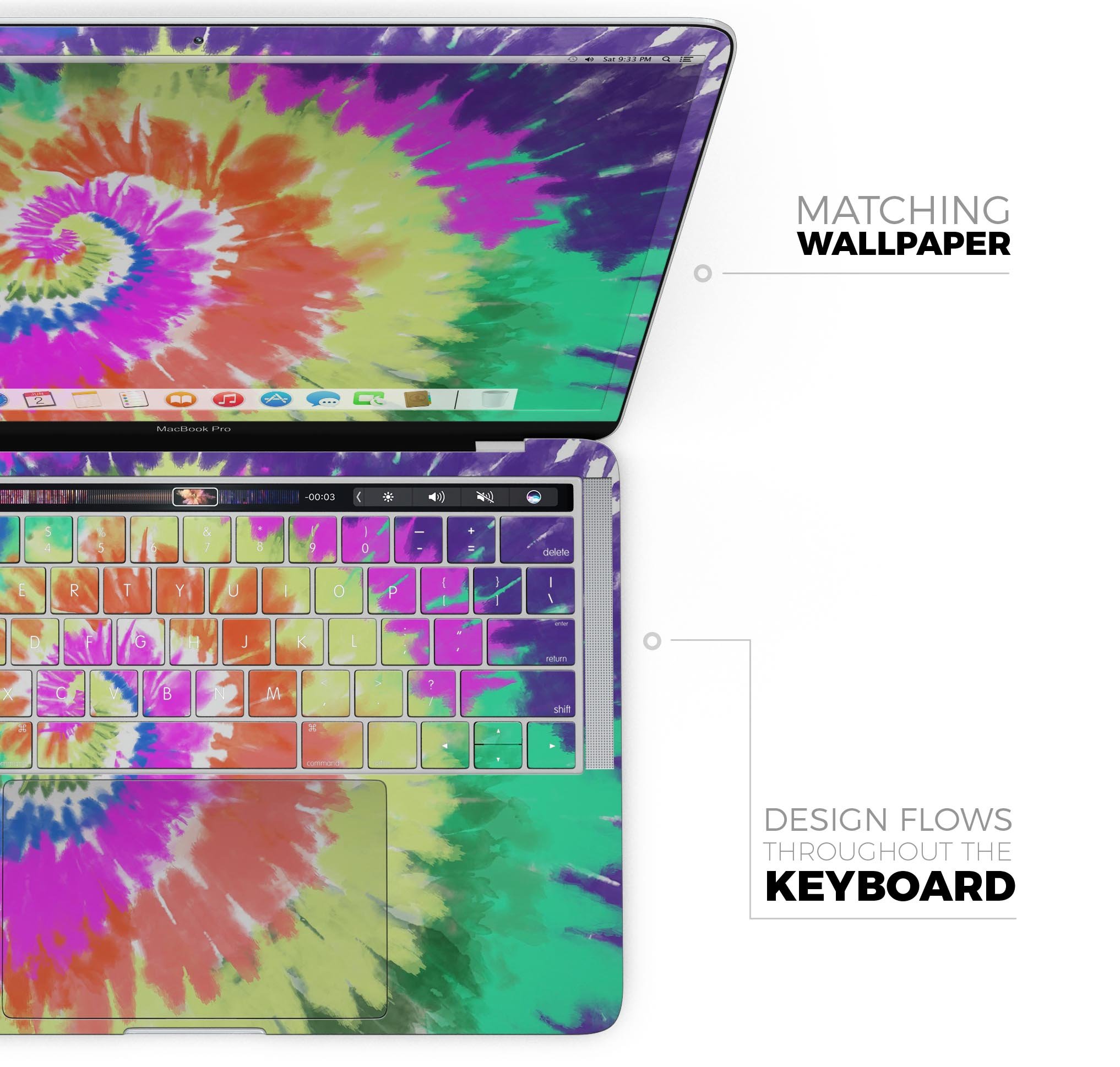 Spiral Tie Dye V1 skin decal wrap kit for Apple MacBook, showcasing vibrant colors and a sleek design.