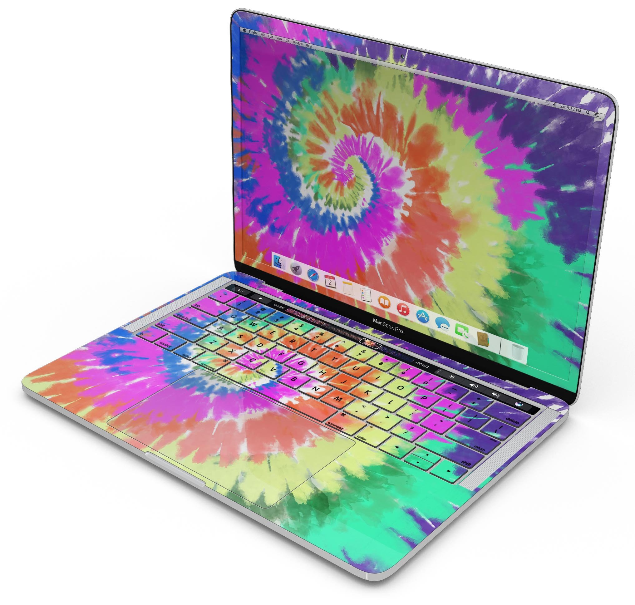 Spiral Tie Dye V1 skin decal wrap kit for Apple MacBook, showcasing vibrant colors and a sleek design.