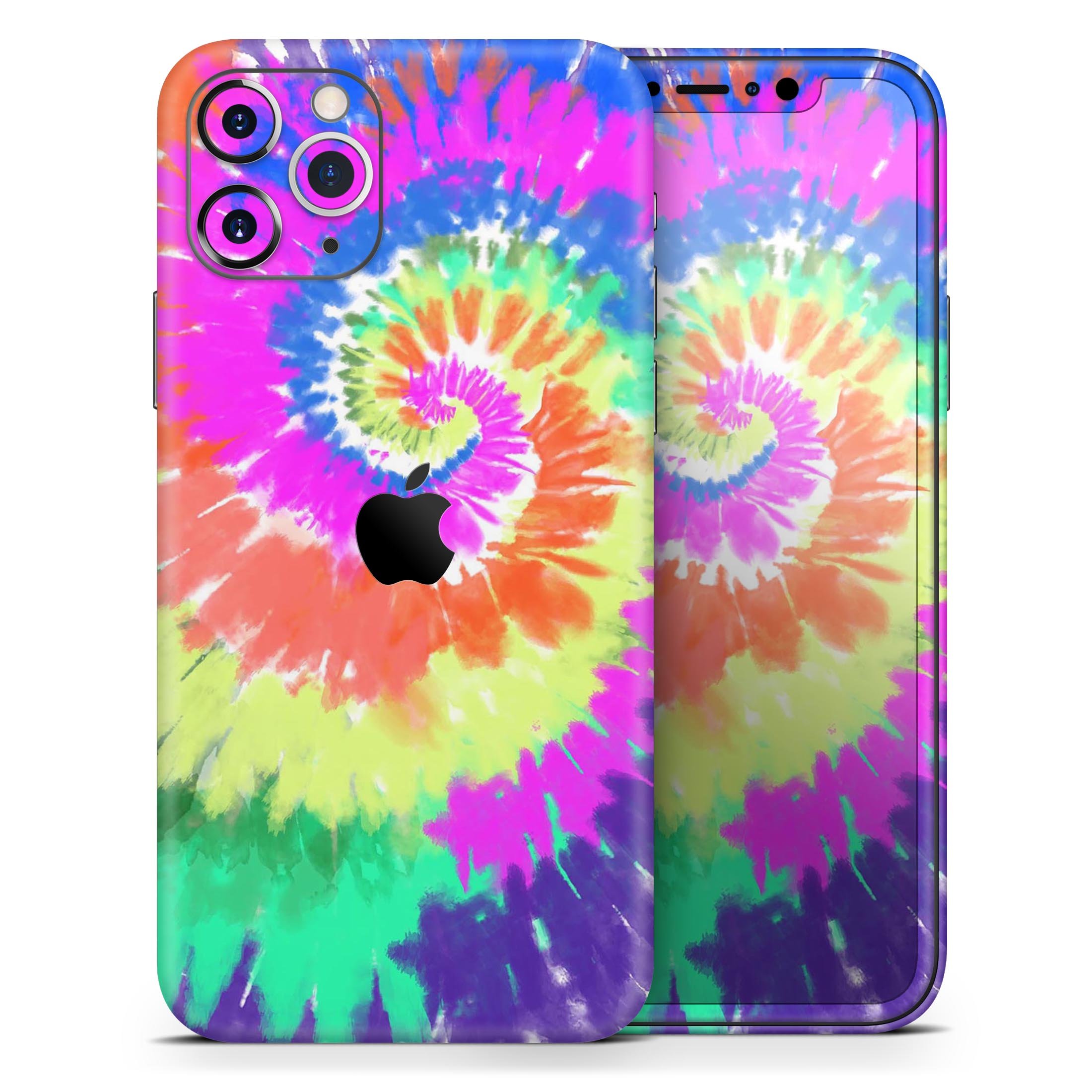 Spiral Tie Dye V1 Skin-Kit for Apple iPhone 14 and 13, showcasing vibrant colors and a sleek design.