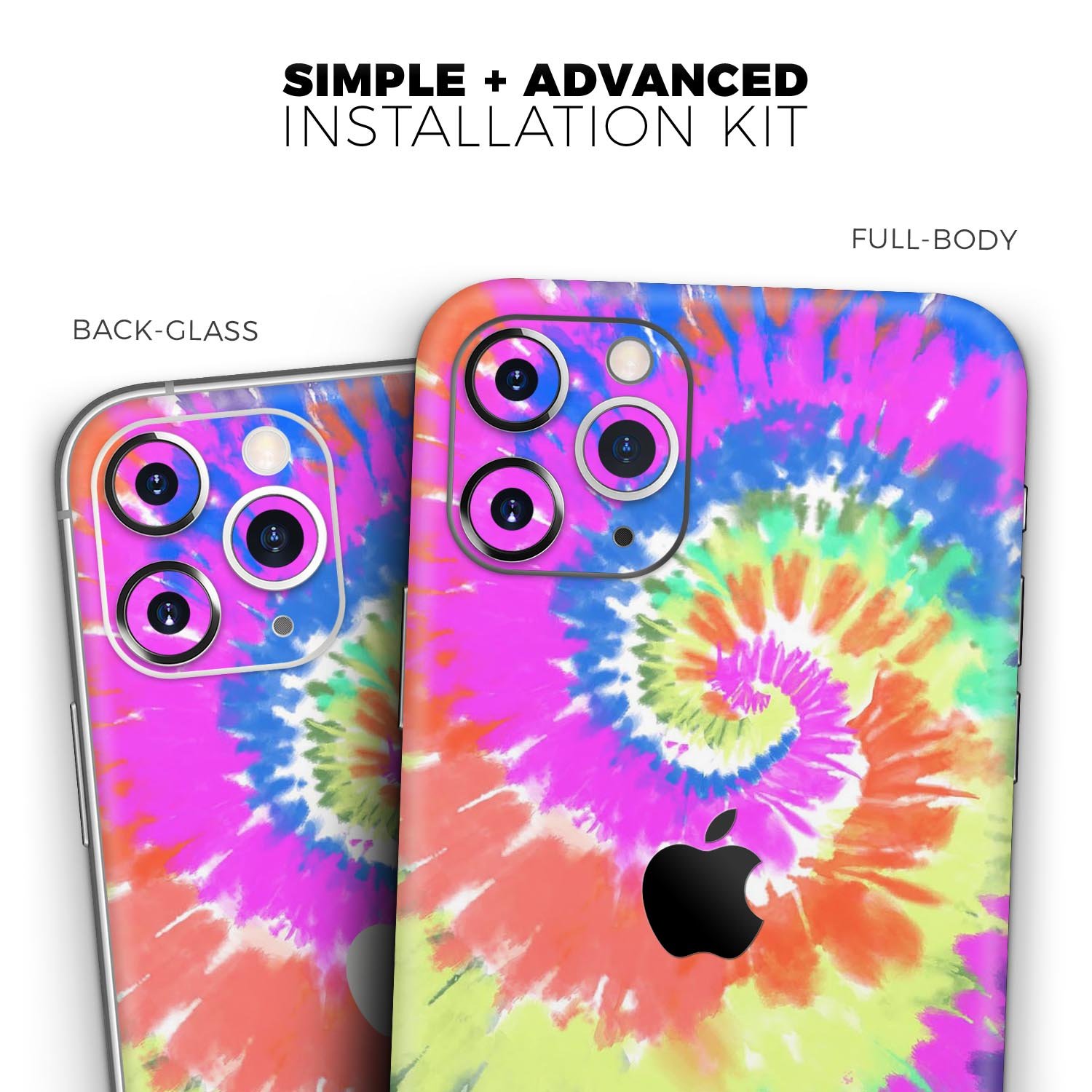 Spiral Tie Dye V1 Skin-Kit for Apple iPhone 14 and 13, showcasing vibrant colors and a sleek design.