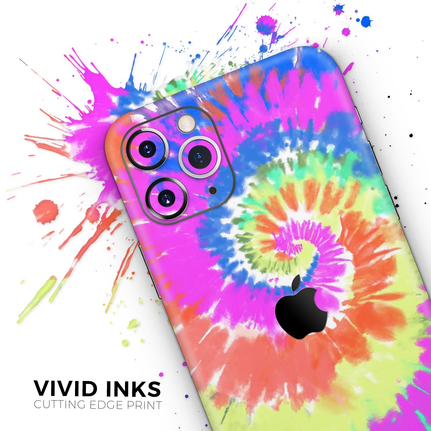 Spiral Tie Dye V1 Skin-Kit for Apple iPhone 14 and 13, showcasing vibrant colors and a sleek design.