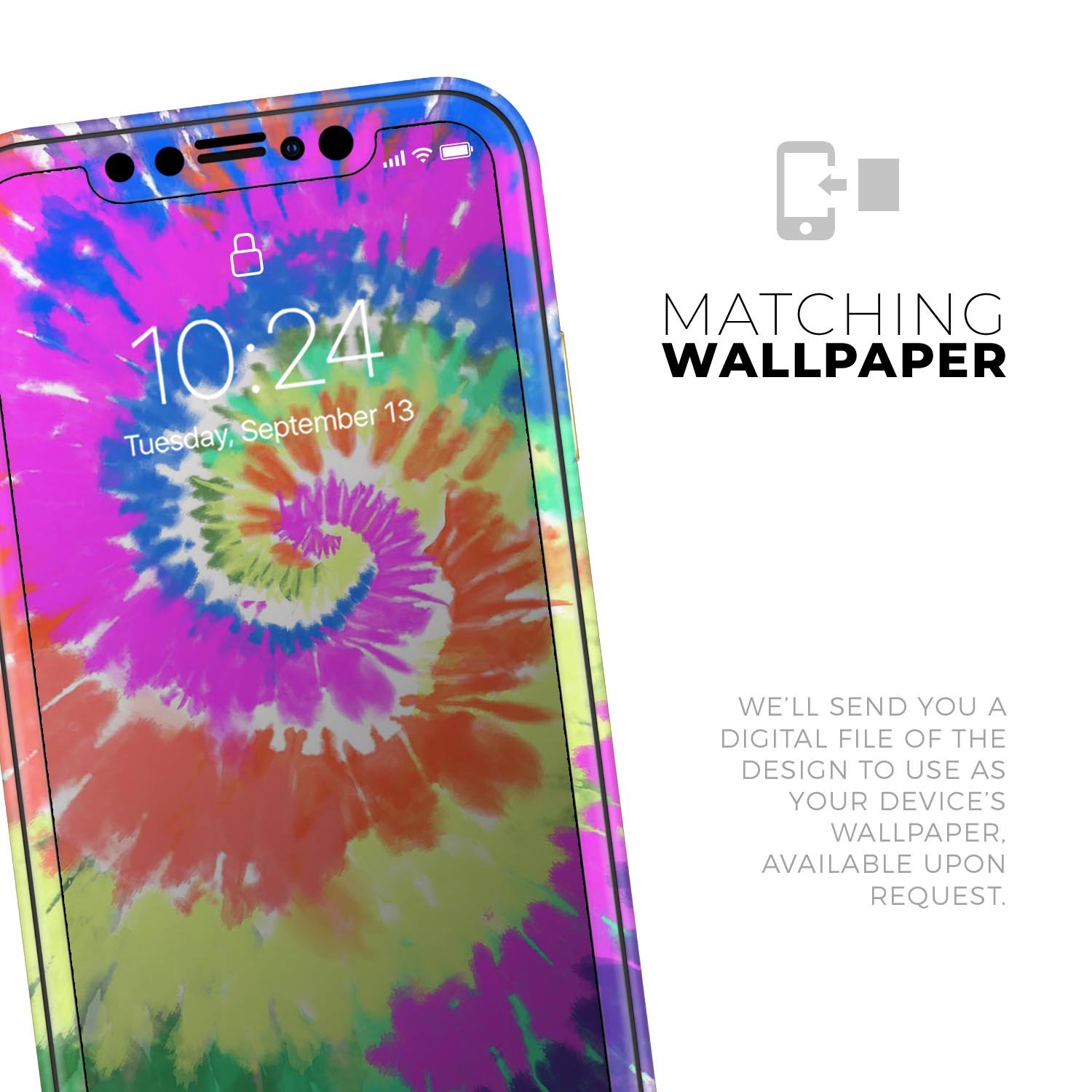 Spiral Tie Dye V1 Skin-Kit for Apple iPhone 14 and 13, showcasing vibrant colors and a sleek design.