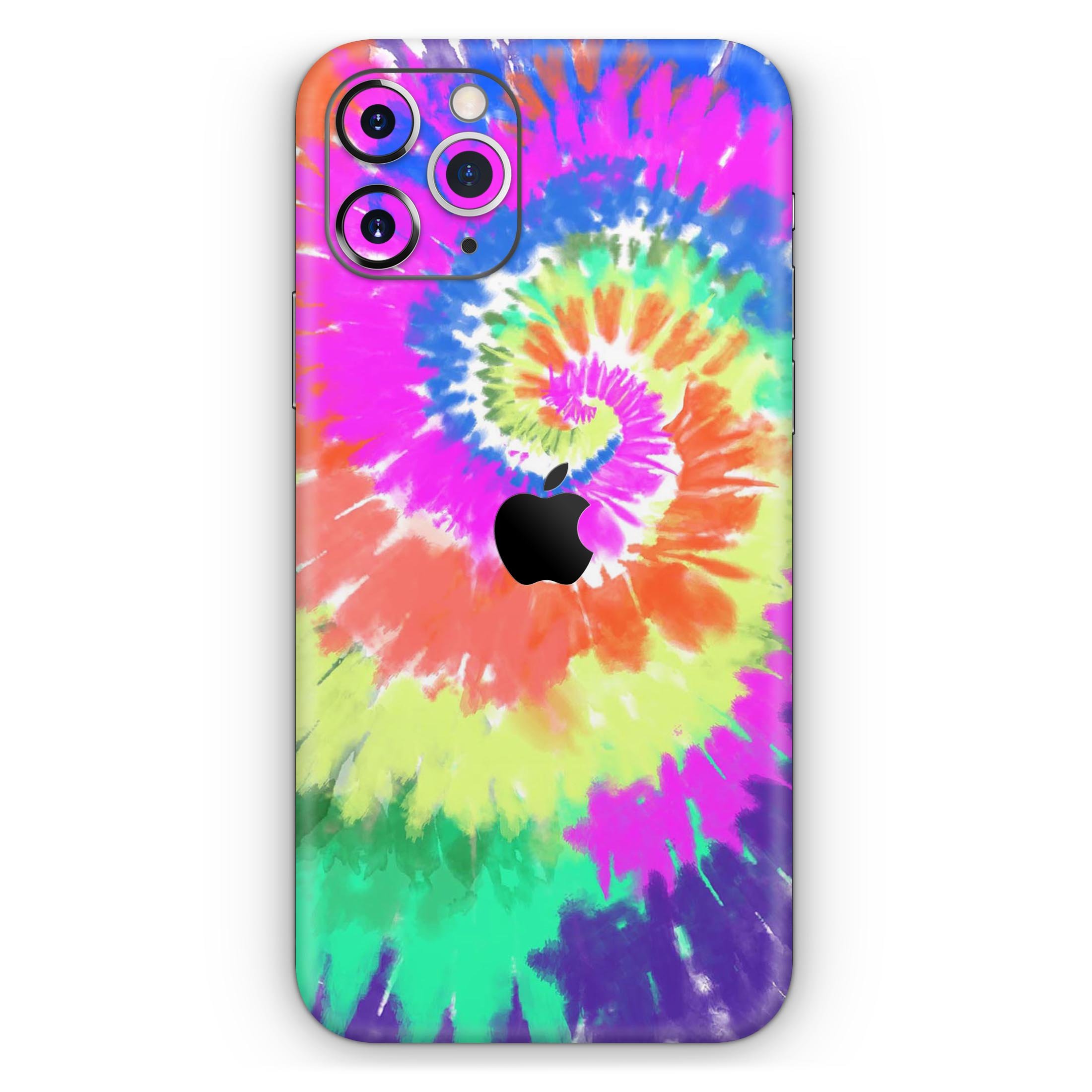 Spiral Tie Dye V1 Skin-Kit for Apple iPhone 14 and 13, showcasing vibrant colors and a sleek design.