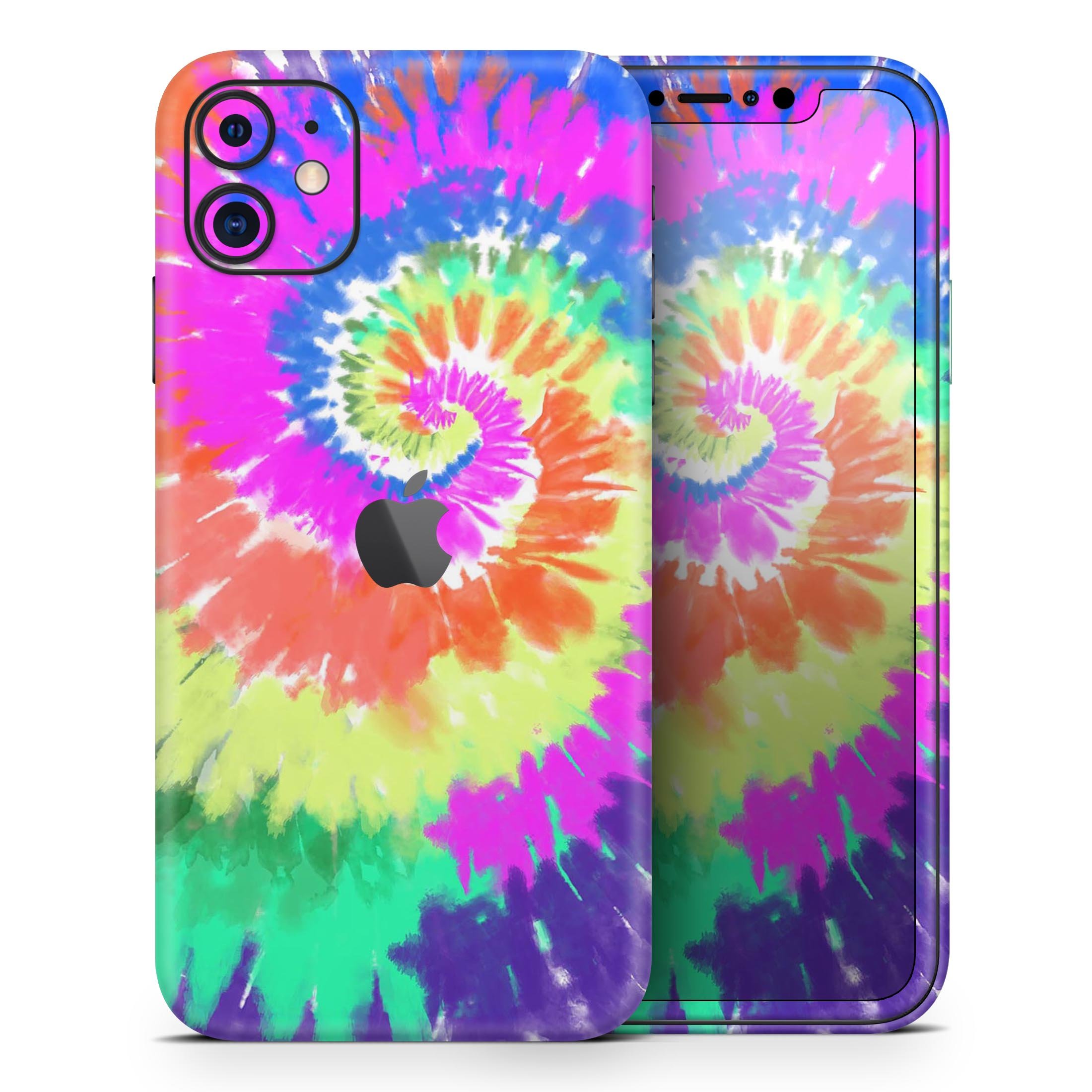 Spiral Tie Dye V1 Skin-Kit for Apple iPhone 14 and 13, showcasing vibrant colors and a sleek design.