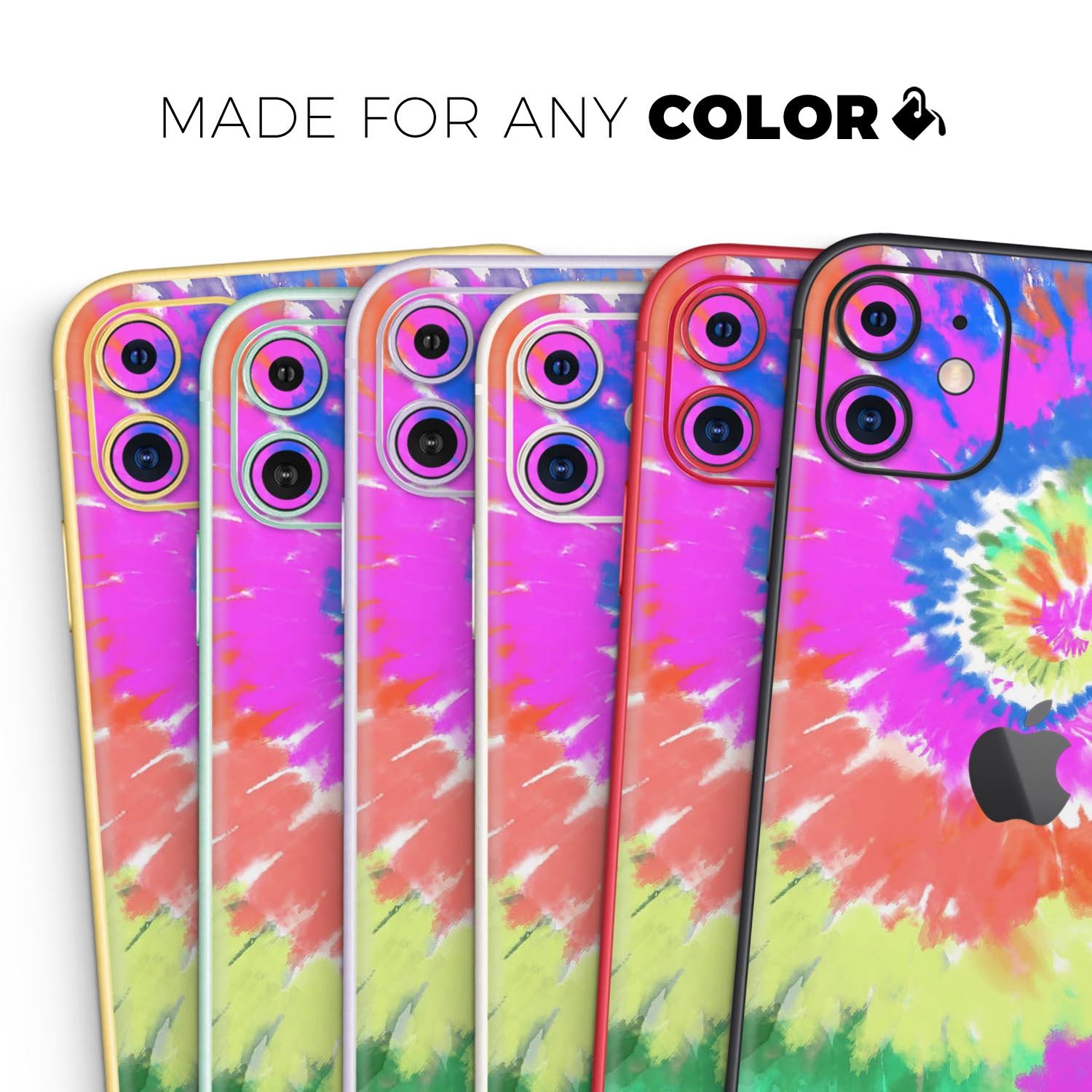 Spiral Tie Dye V1 Skin-Kit for Apple iPhone 14 and 13, showcasing vibrant colors and a sleek design.