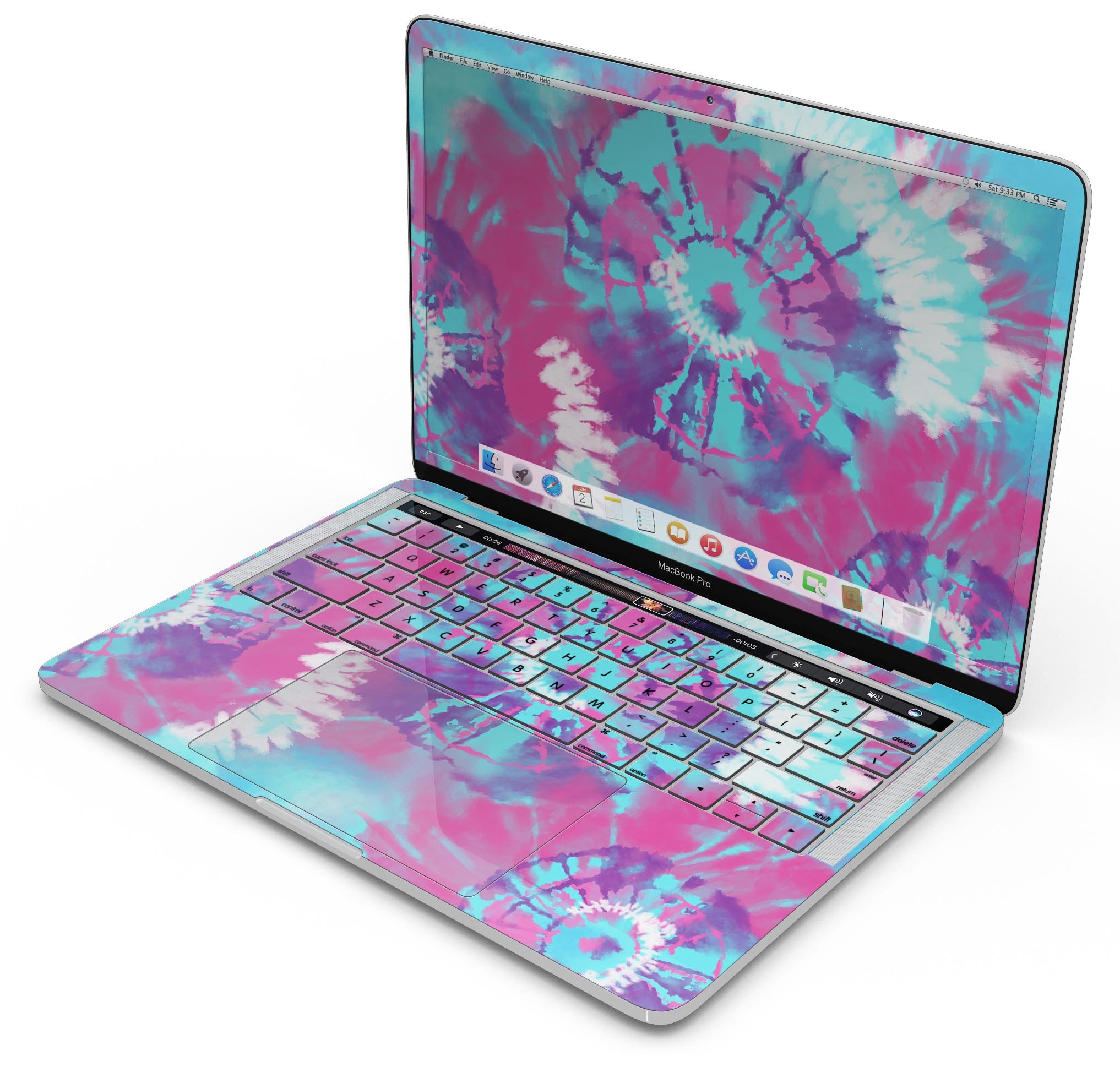 Spiral Tie Dye V5 skin decal wrap kit for Apple MacBook, showcasing vibrant colors and a sleek design.