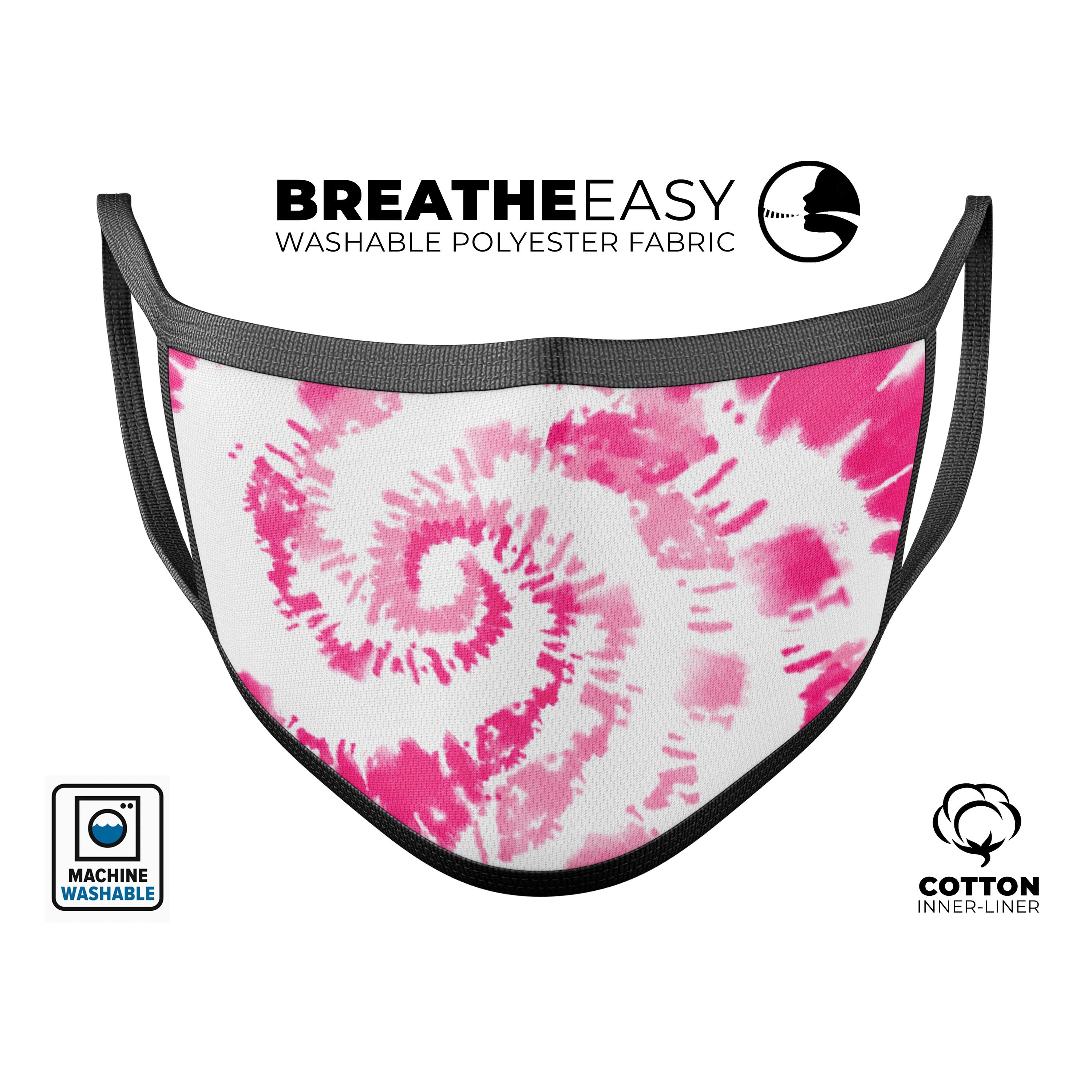 Spiral Tie Dye V6 mouth cover, made in the USA, featuring adjustable ear-loops and a soft cotton interior for comfort.